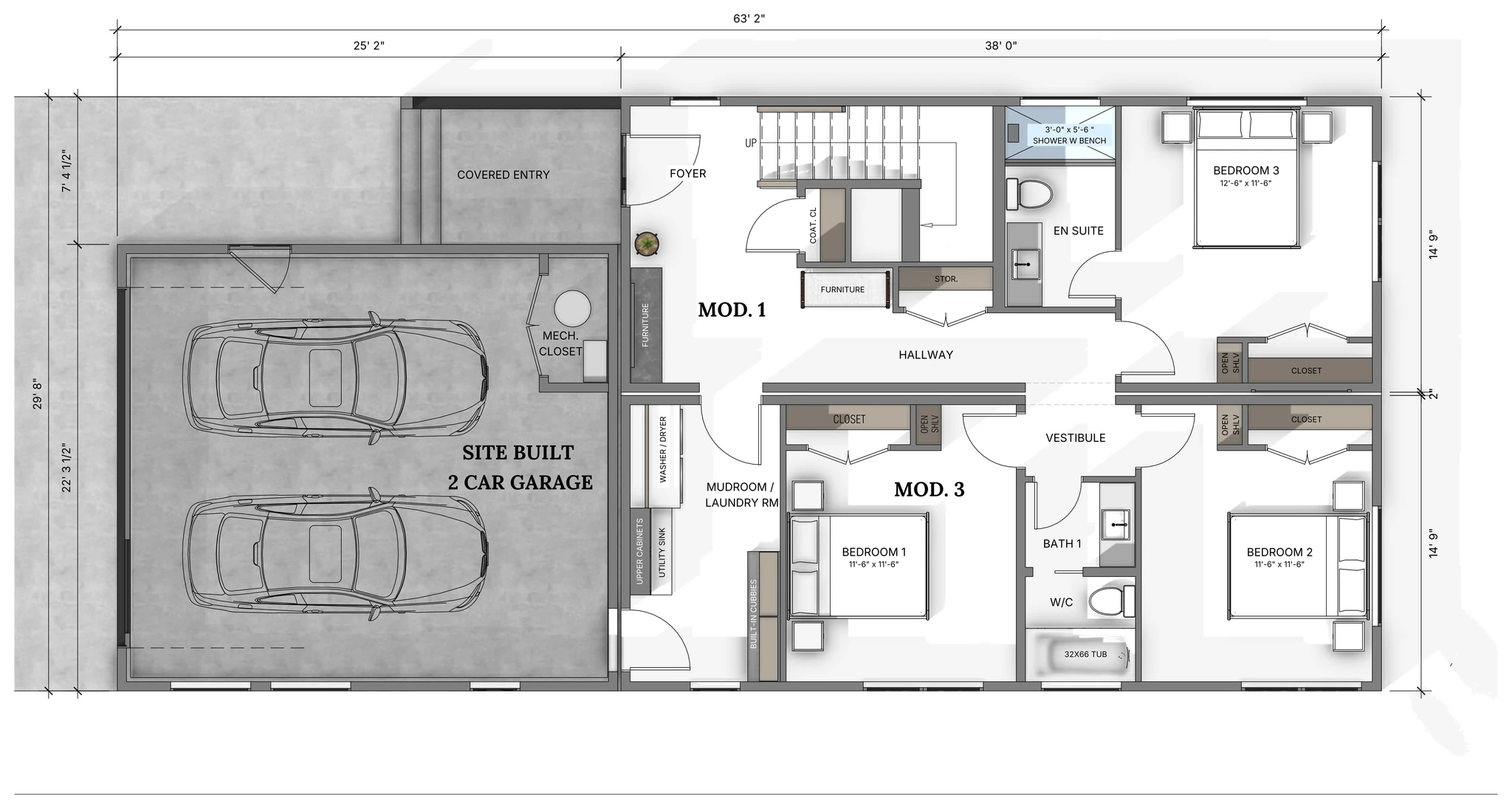 Bluebird main floor plan showing site-built 2-car garage, covered entry, mudroom and laundry, foyer, three bedrooms, two bathrooms including en suite with shower, vestibule, and staircase to upper level across a 63-foot-2-inch layout