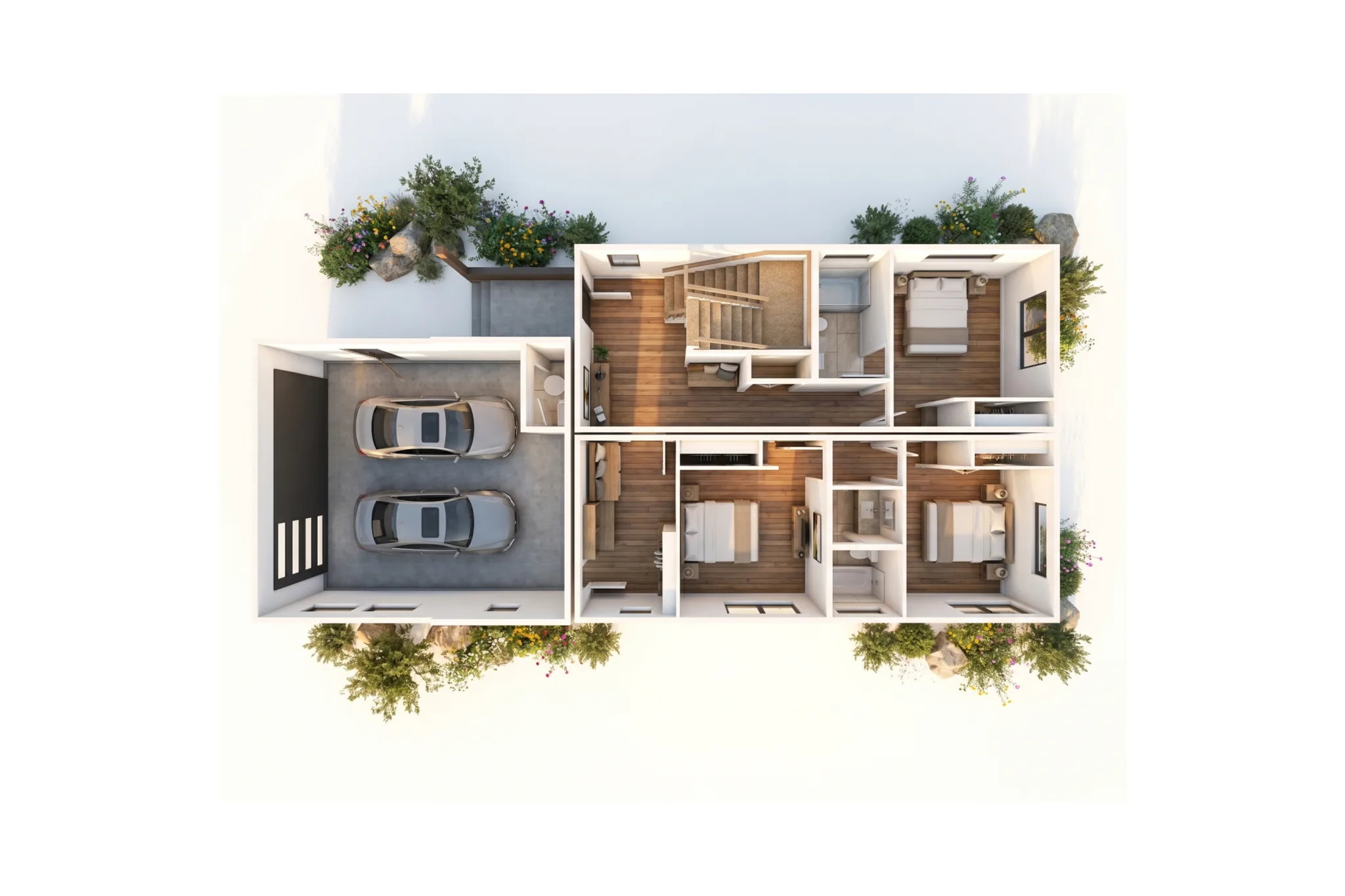 3D bird's-eye render of Bluebird main floor with 2-car garage, mudroom and laundry room, three bedrooms, two bathrooms, staircase to upper level, and natural landscaping