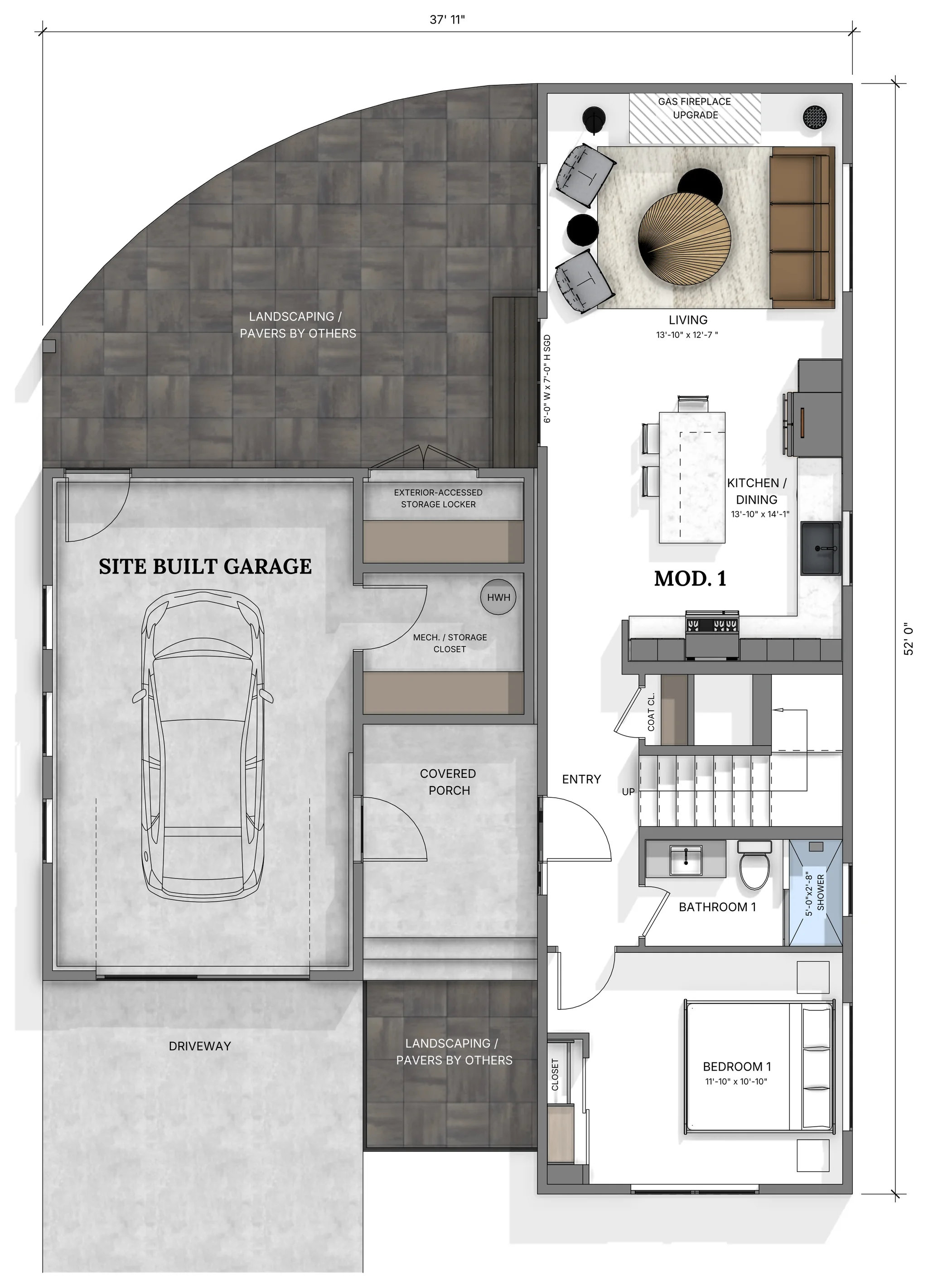 Powder Run main floor plan showing site-built garage, covered porch, entry, living room, kitchen and dining, bedroom, bathroom with bench shower, storage, and staircase to upper level in a 37-foot-11-inch wide layout