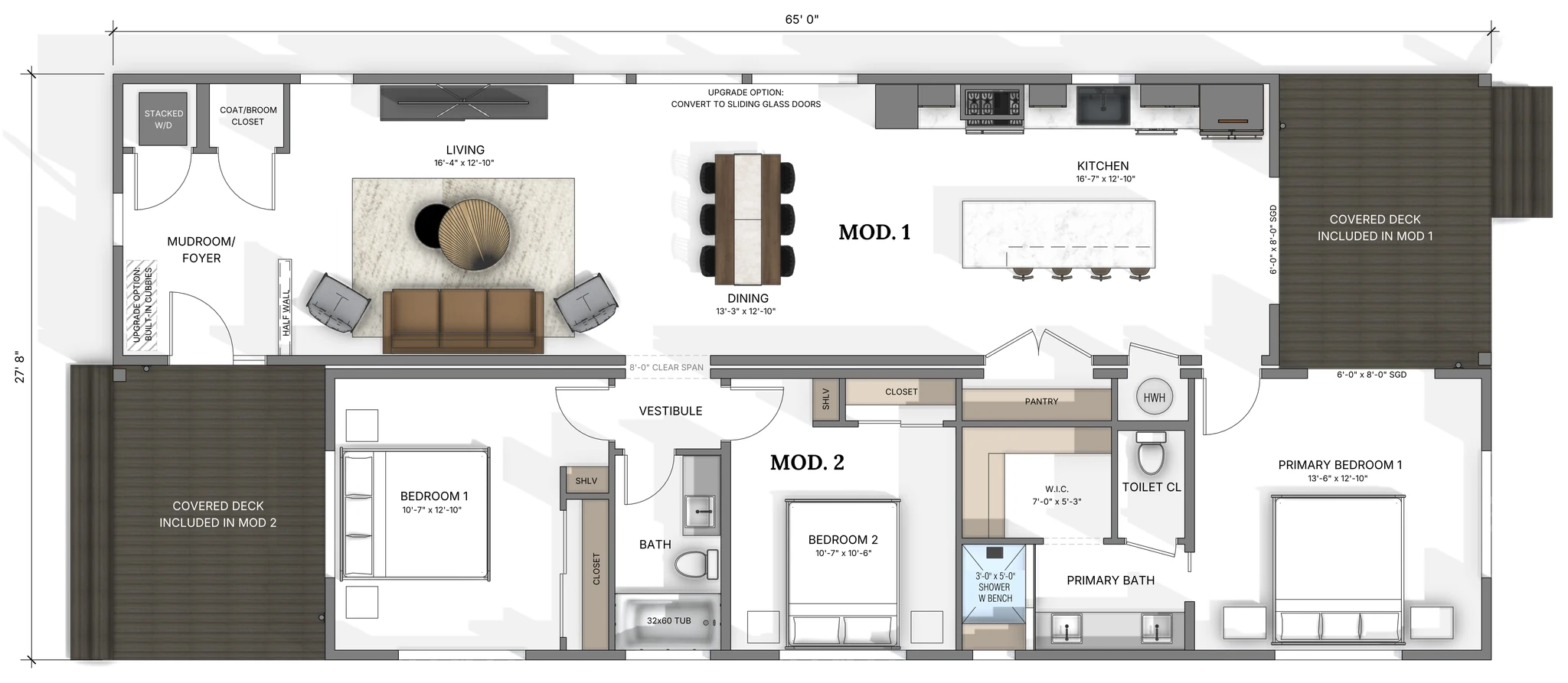 Snow Trace main floor plan showing two-module 65-foot layout with mudroom and foyer, open living room, kitchen, dining, three bedrooms including primary suite with walk-in closet, two bathrooms, and two covered decks