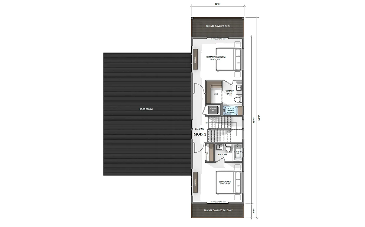 Powder Run upper floor plan: Central stairs separate primary suite with deck from second bedroom with en-suite & balcony.