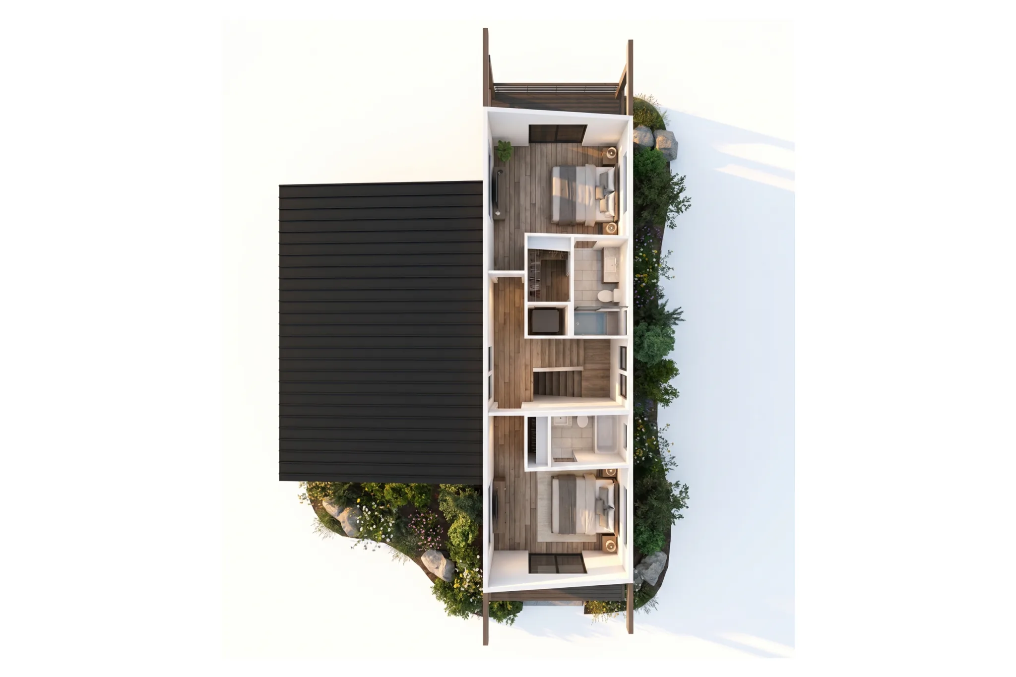 3D render of Powder Run upper level: Modern interior with hardwood floors and glass doors opening to private outdoor decks.