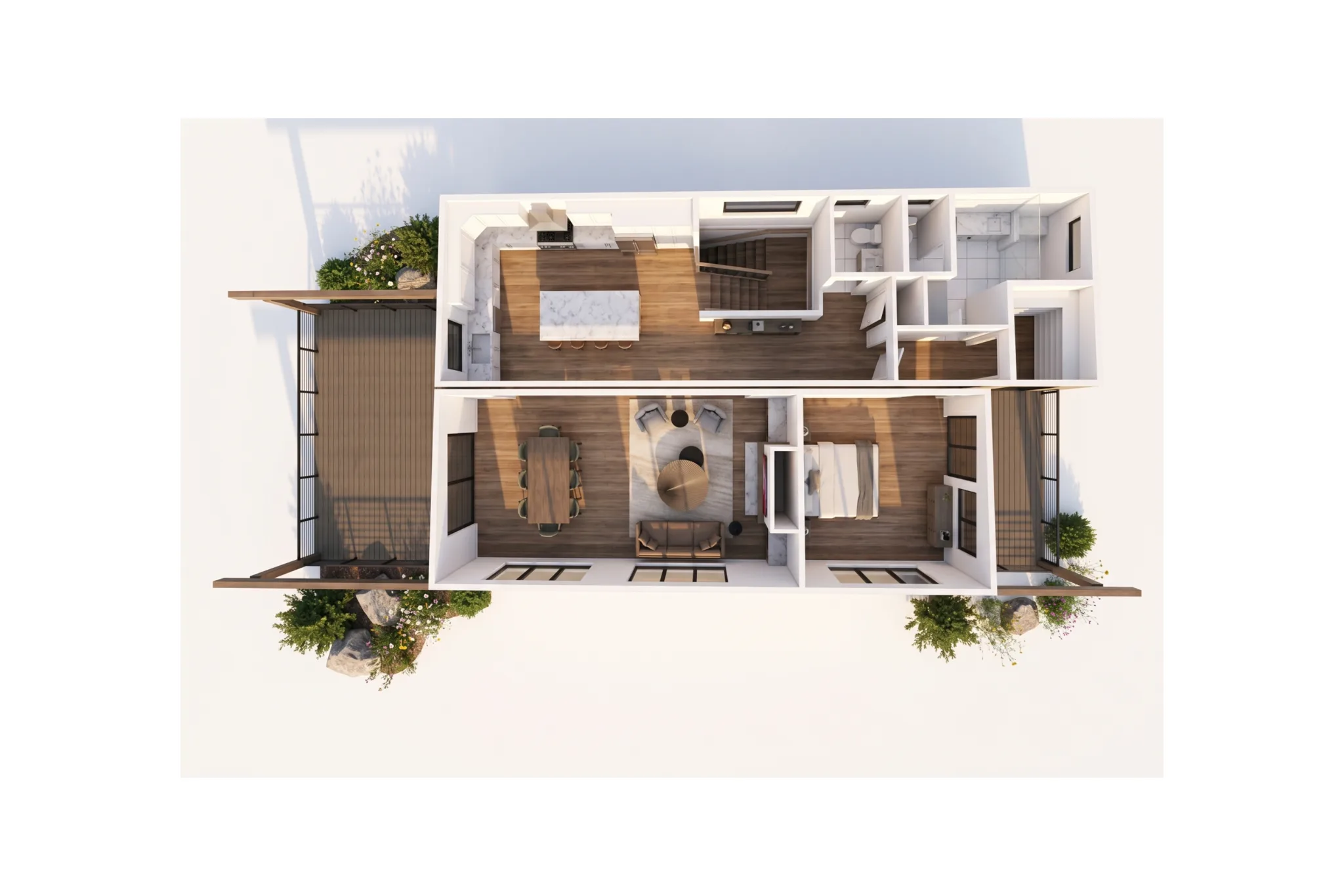 3D render of Bluebird upper level: Modern open-concept interior with wood floors, kitchen island, and dual outdoor decks.