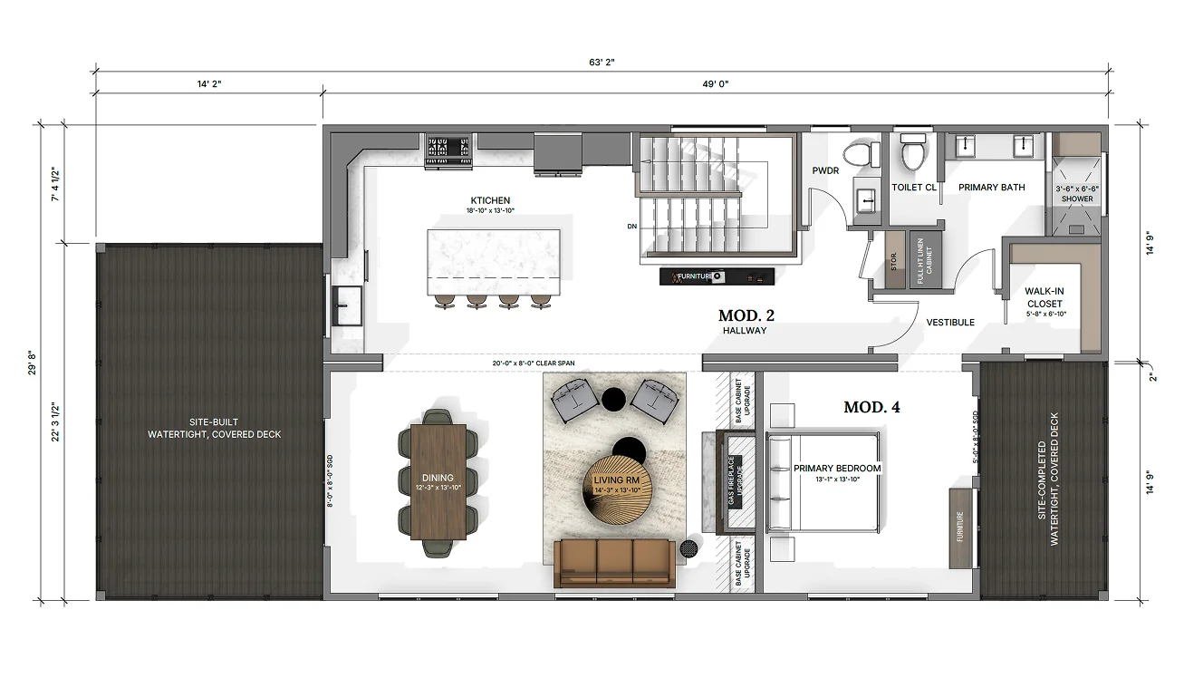 Bluebird upper floor plan: Open kitchen/living area between two large covered decks. Primary suite with walk-in closet.