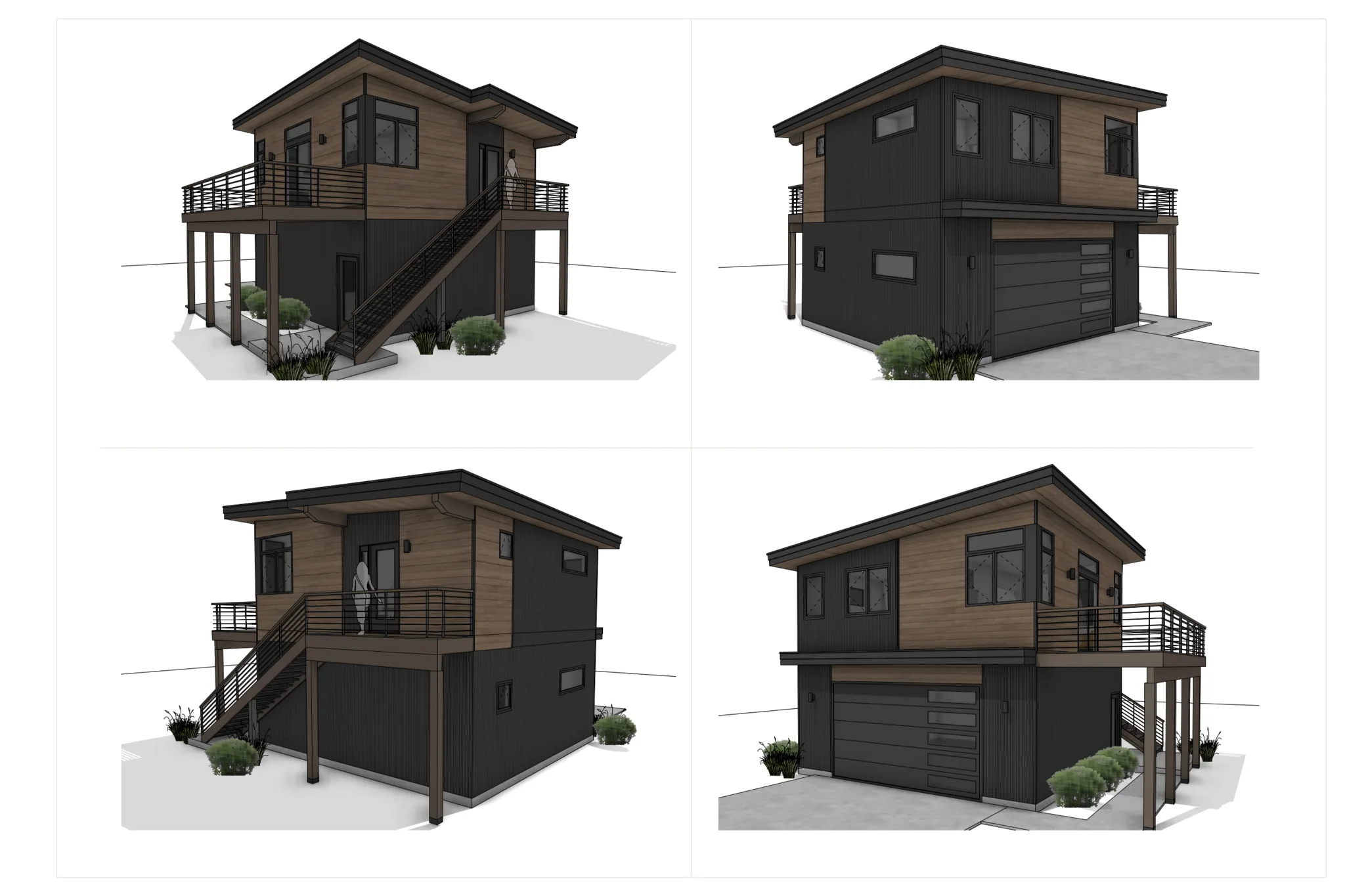 Four exterior elevation renderings of the Smartpads Trailhead modular home with garage option showing wood and dark siding from multiple angles