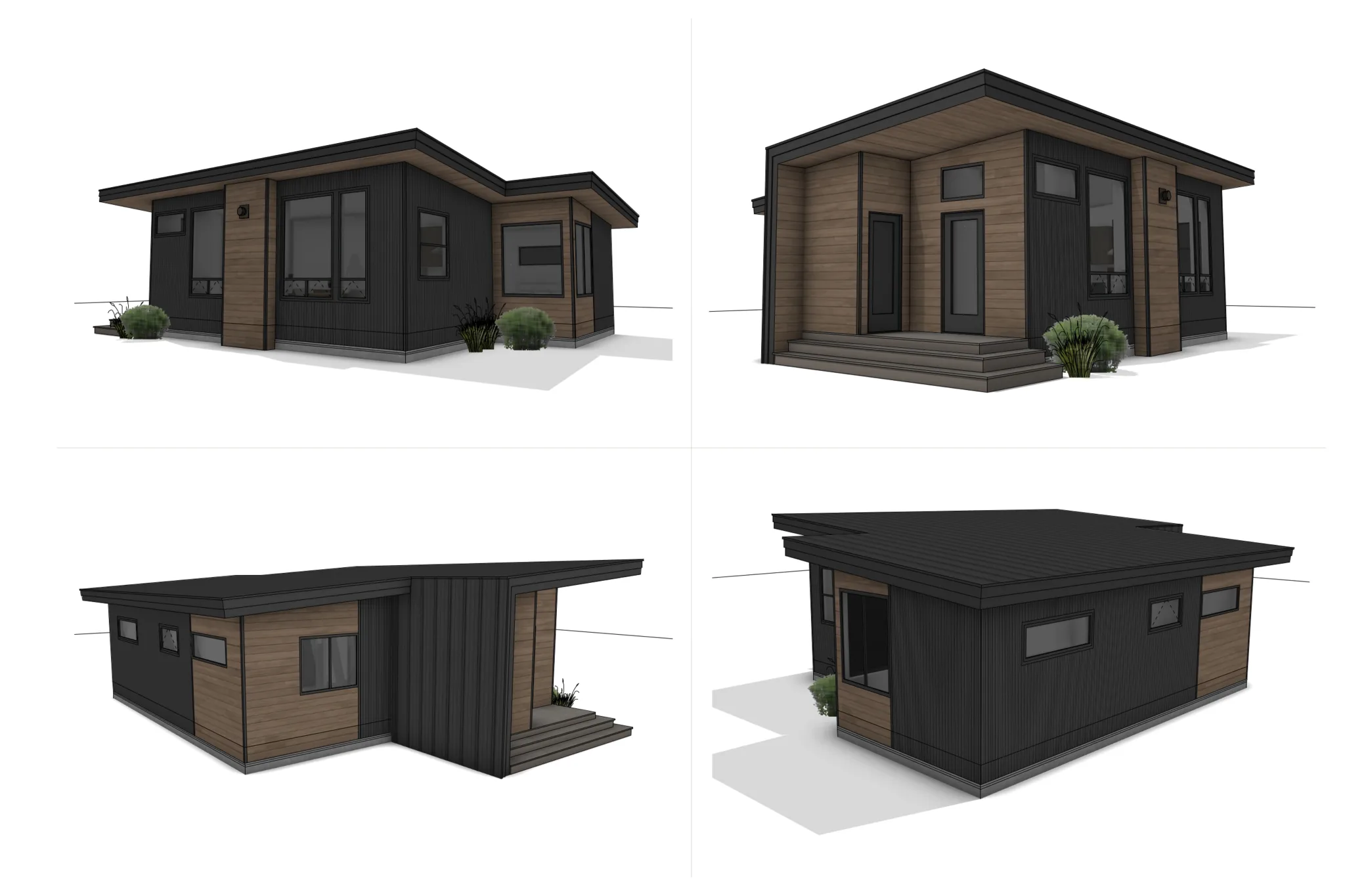 Four exterior elevation renderings of the Smartpads Gateway modular home showing wood and dark siding from multiple angles