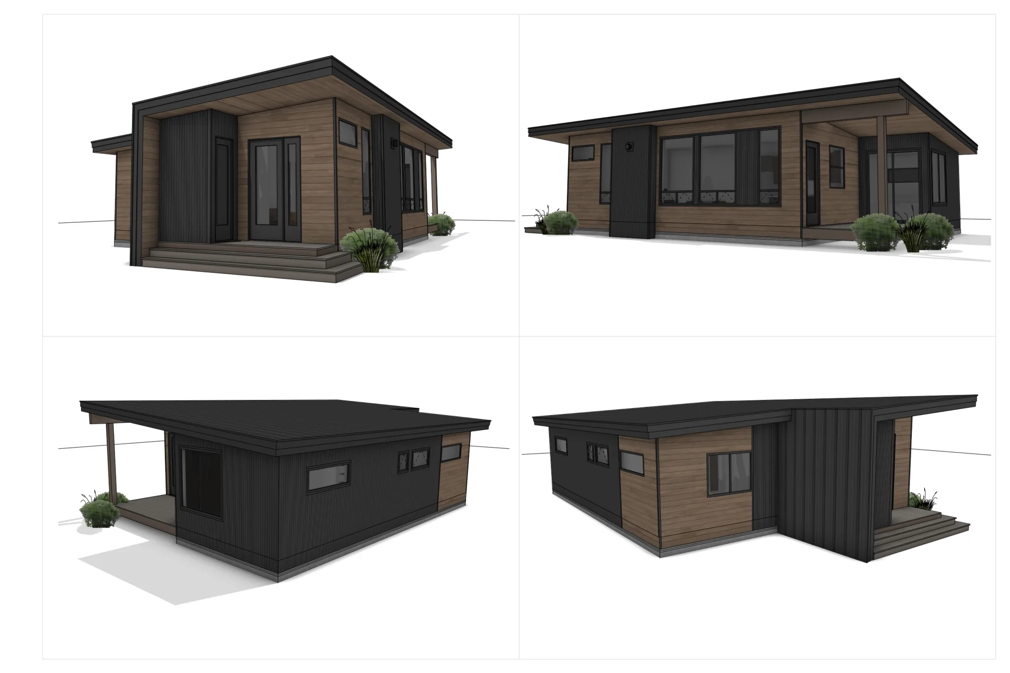 Four exterior elevation renderings of the Smartpads Outpost modular home showing dark and wood siding from multiple angles