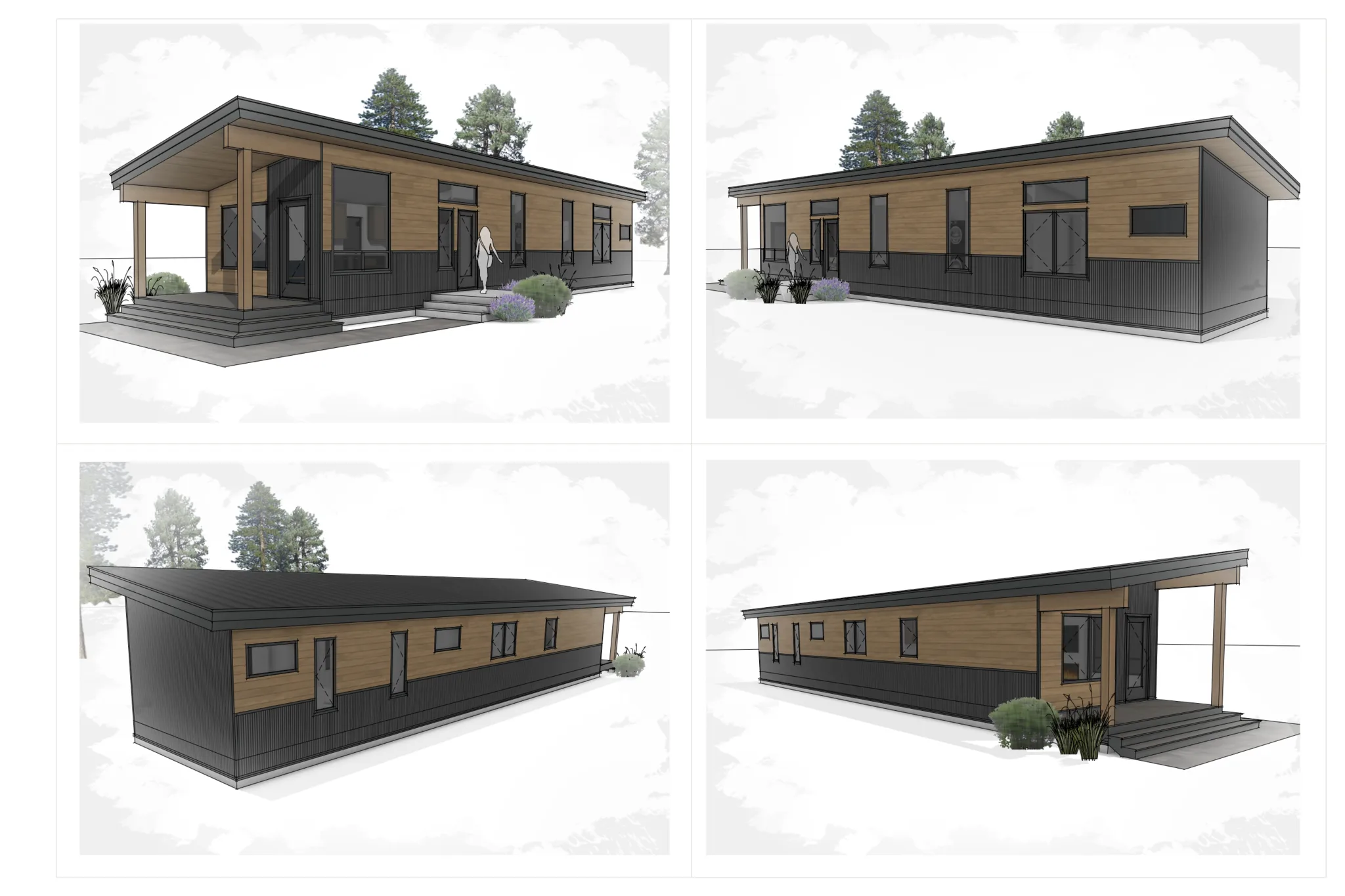 Four exterior elevation renderings of the Smartpads Hideaway single-module modular home showing dark and wood siding from multiple angles
