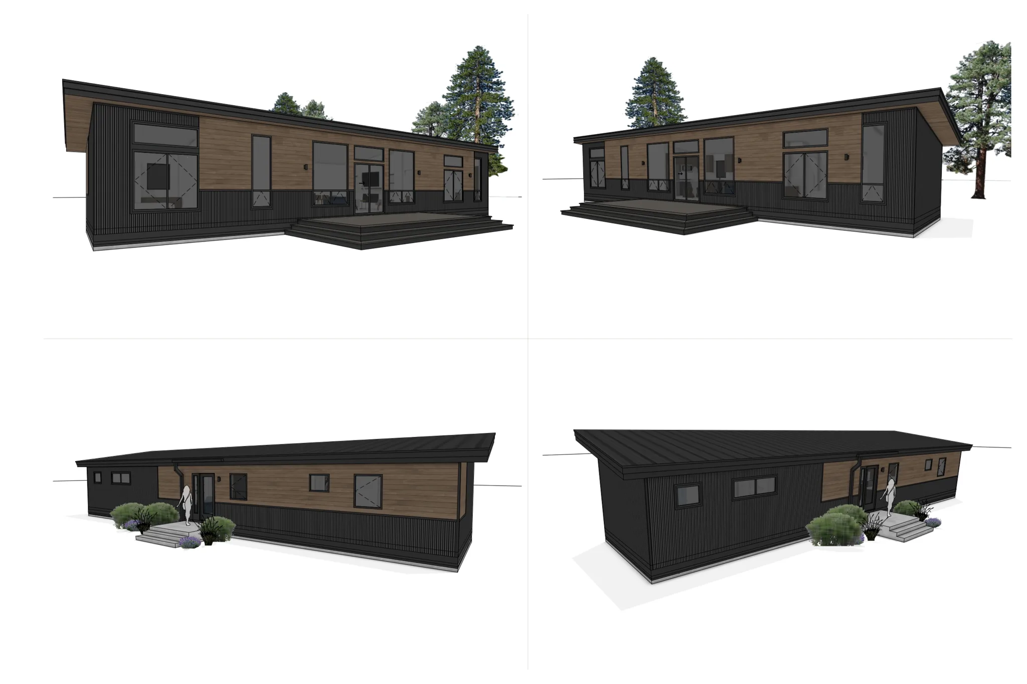 Four exterior elevation views of the Fireside design showing dark board-and-batten siding with warm wood upper panels, shed roofline, covered porch with steps, and large windows