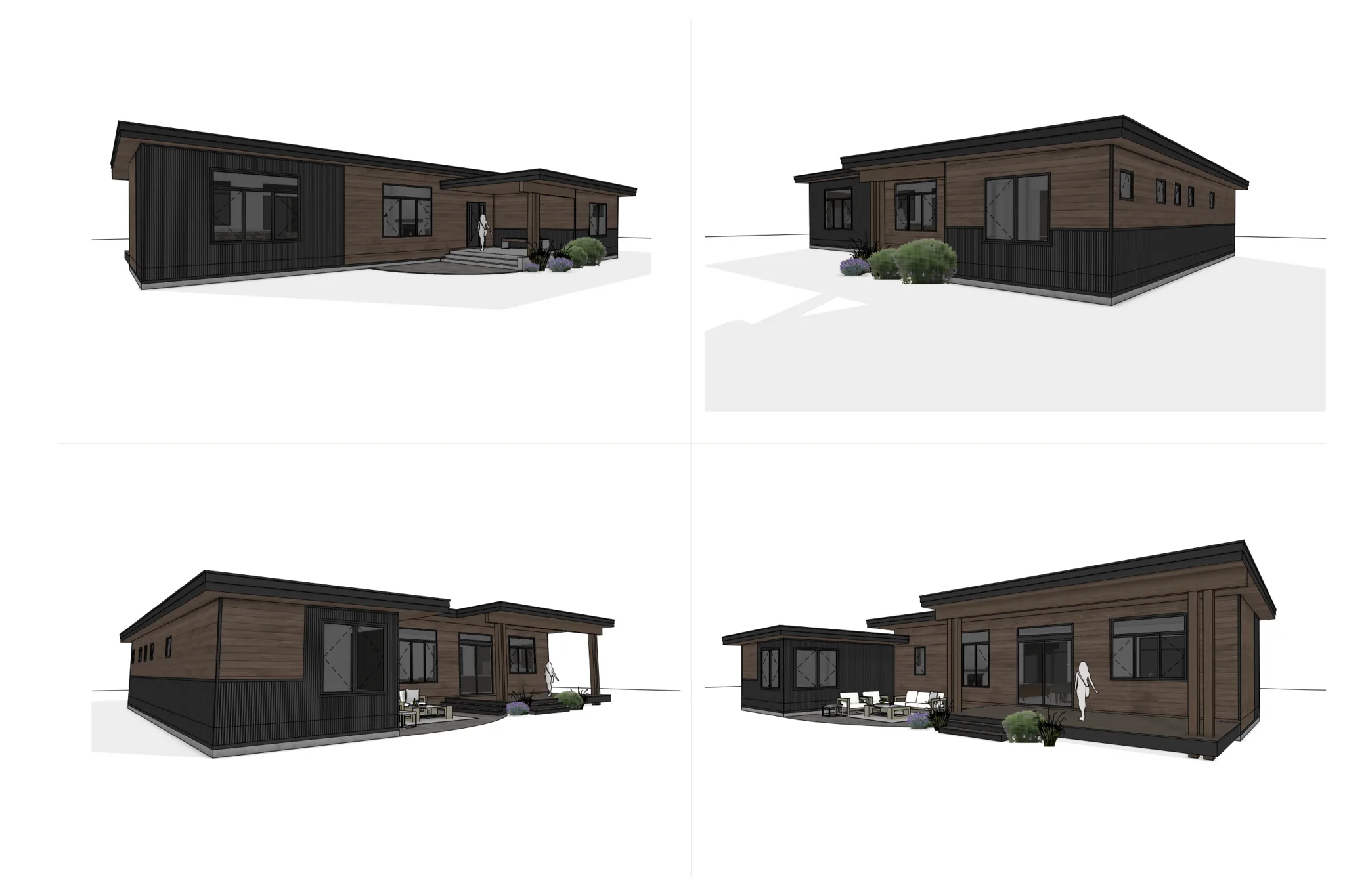 Four exterior elevation views of the Telemark design showing dark charcoal board-and-batten siding with warm wood horizontal panels, low-slope roof, covered deck with posts, and large sliding glass doors