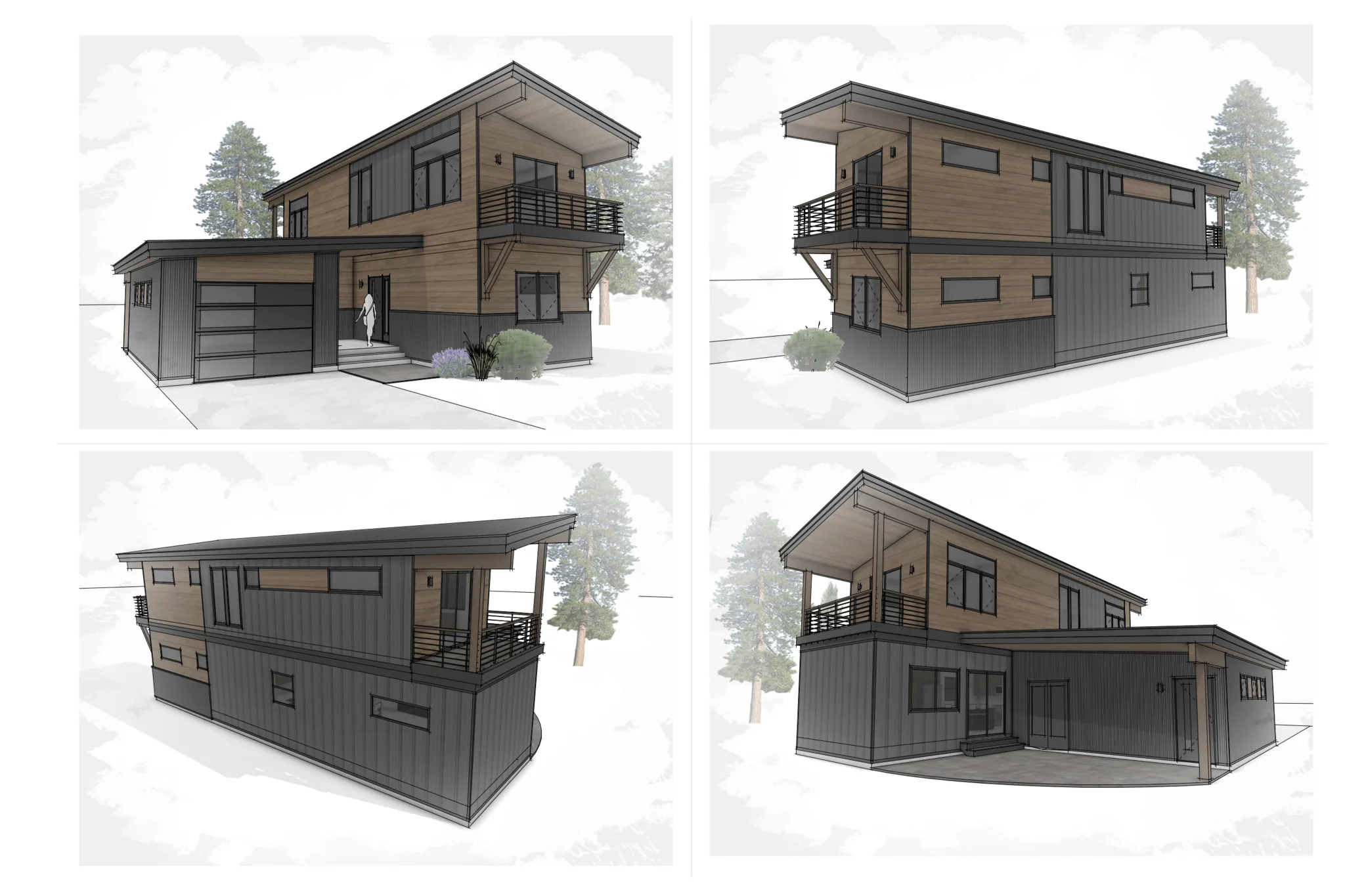 Four exterior elevation views of the Powder Run design showing dark charcoal board-and-batten siding with wood panels, flat roof, upper-level covered deck with railing, attached garage, and large windows