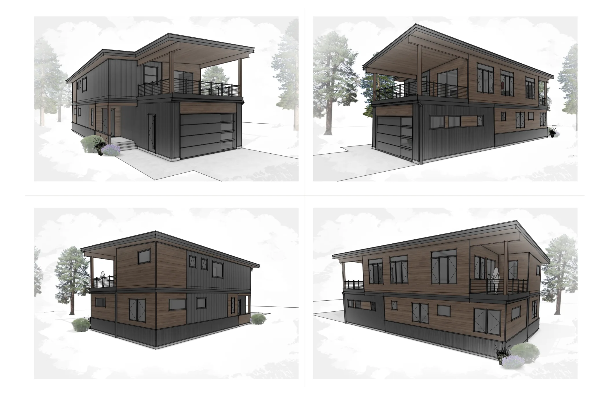 Four exterior elevation views of the Bluebird design showing dark charcoal board-and-batten lower siding with warm wood upper panels, flat roof, upper-level covered deck with railing, and attached 2-car garage
