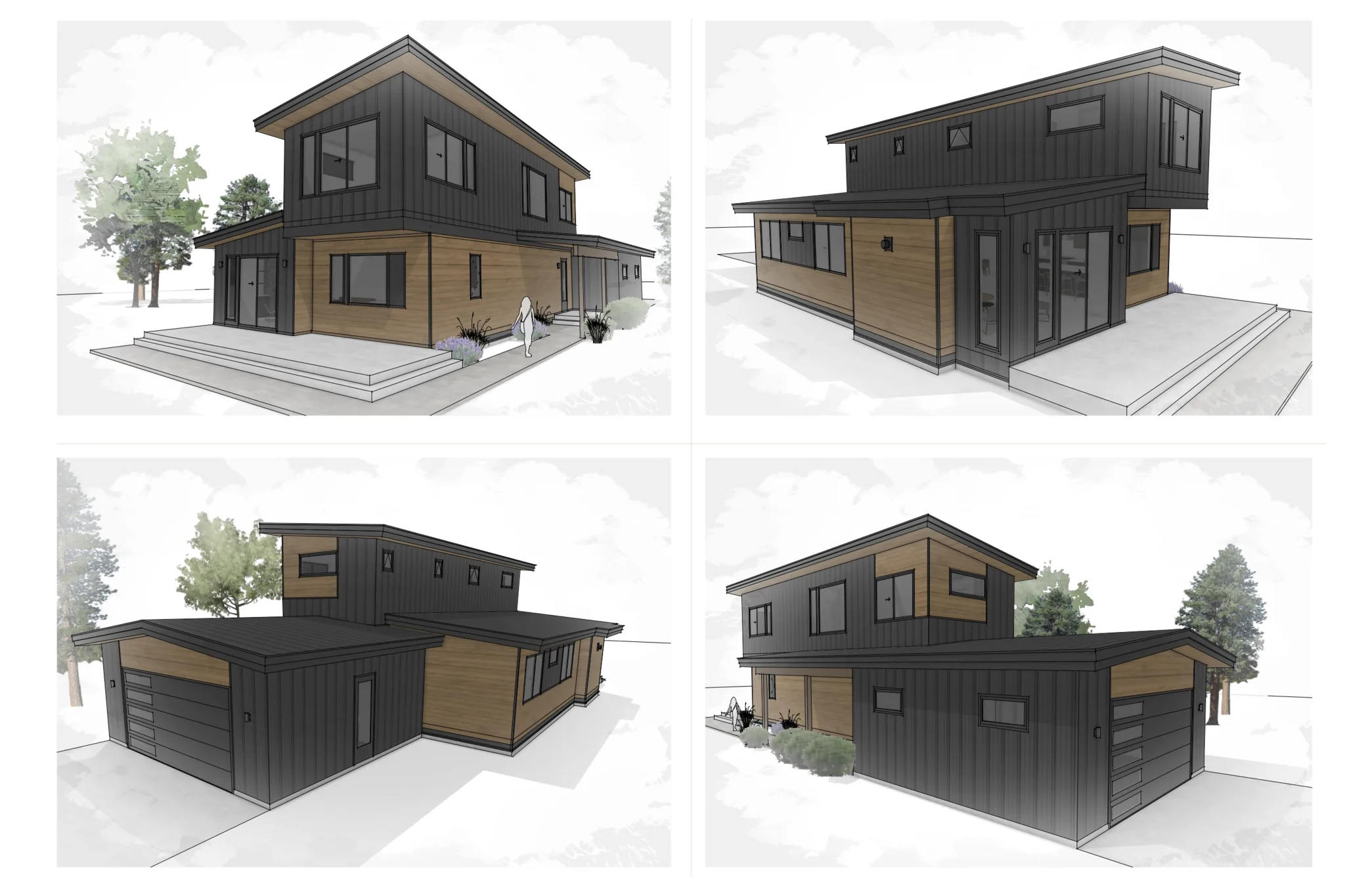 Four exterior elevation views of the Twilight design showing dark charcoal board-and-batten siding with warm wood accents, covered front entry with steps, and attached 2-car garage