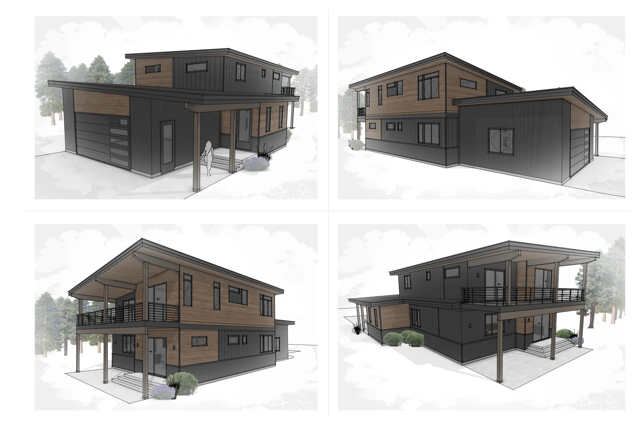 Four exterior elevation views of the High Noon design showing dark charcoal board-and-batten siding with warm wood accents, covered front entry, attached garage, and large upper-level covered deck with railing