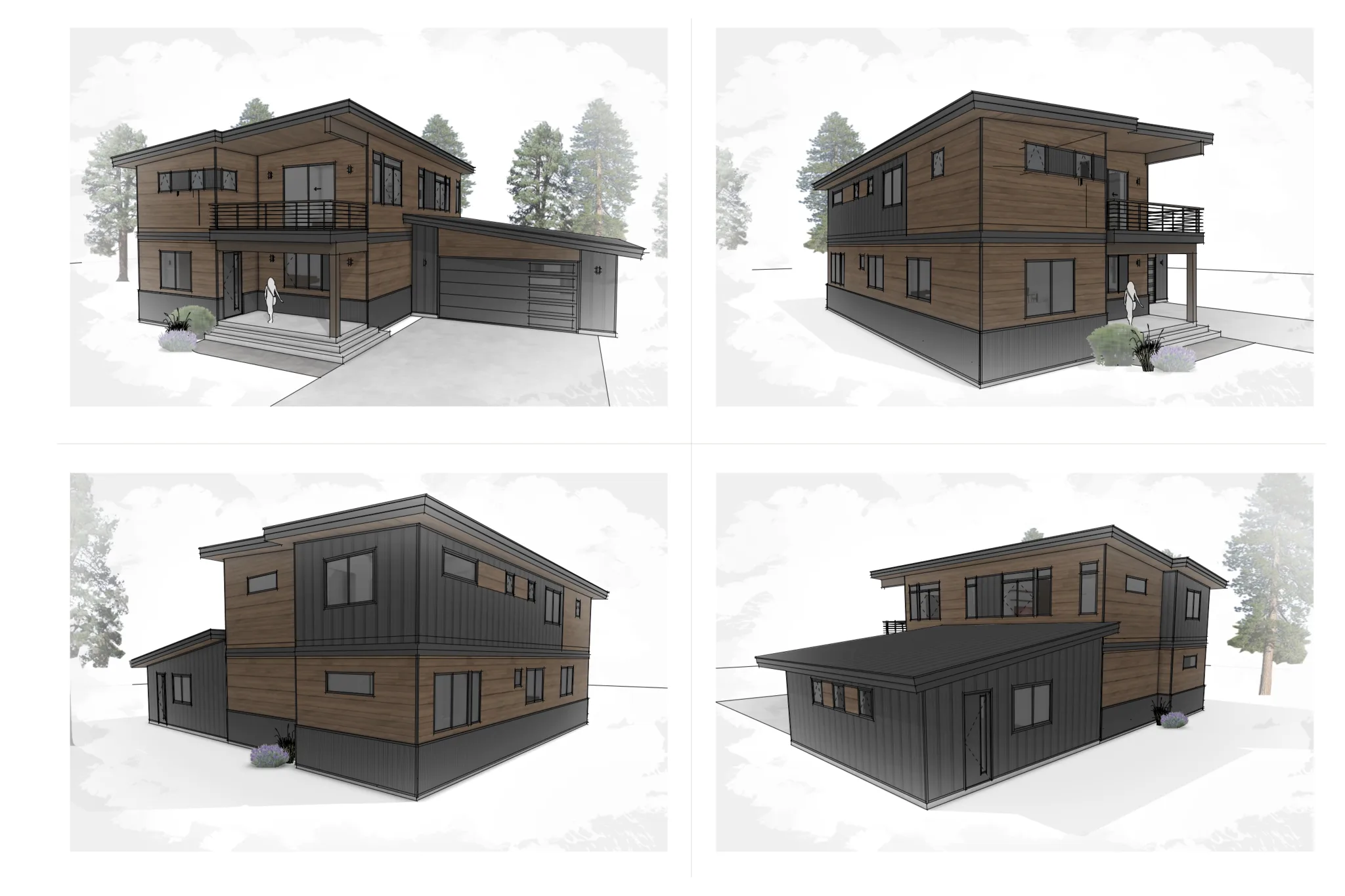 Four exterior elevation views of the Skyview design showing warm wood horizontal siding with dark charcoal accents, upper-level covered deck with railing, attached garage, and covered front entry with steps