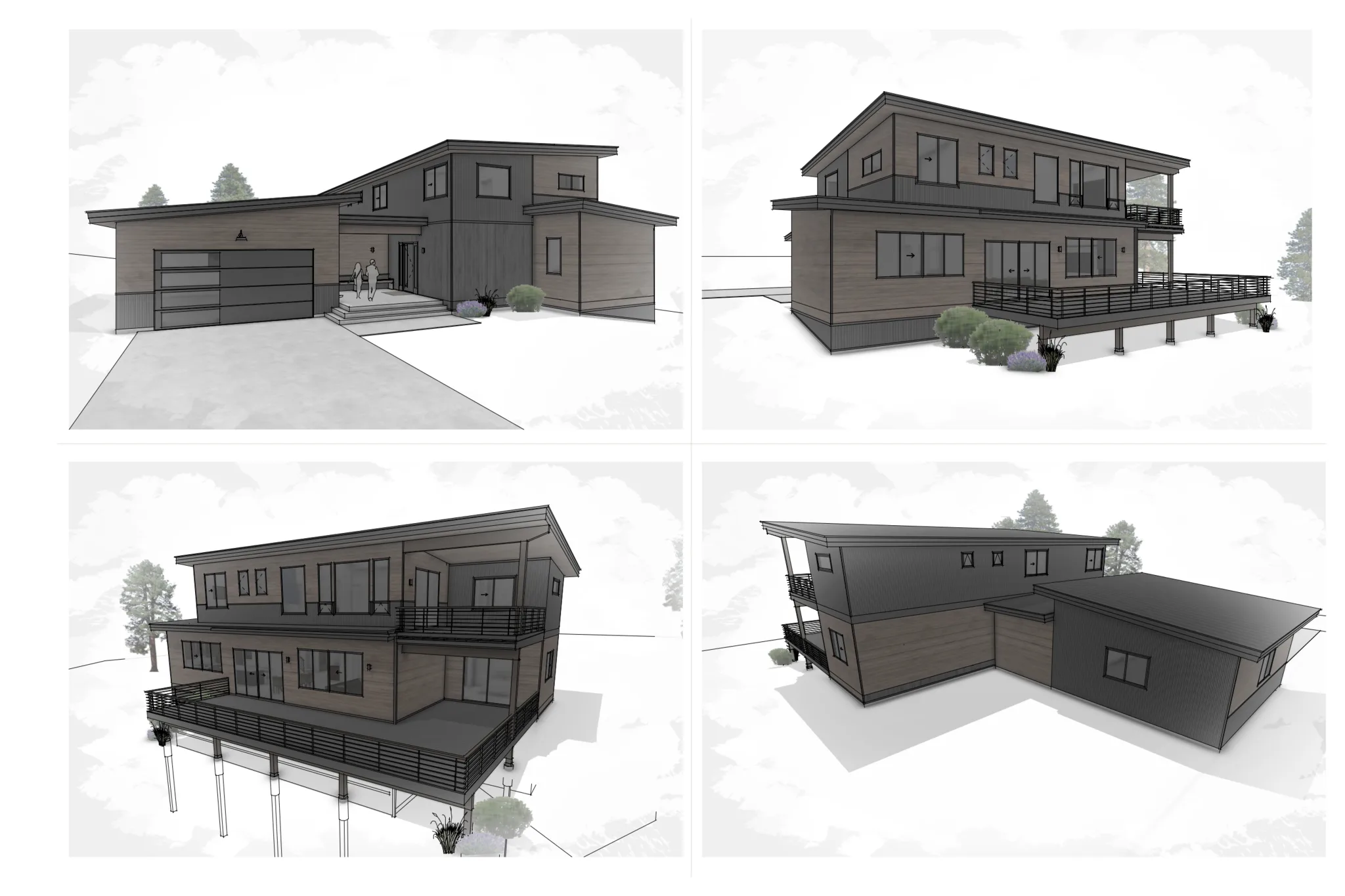 Four exterior elevation views of the Sunlight design showing dark charcoal board-and-batten siding with warm wood horizontal panels, attached 2-car garage with glass panel doors, large wraparound covered deck with railing, and covered front entry