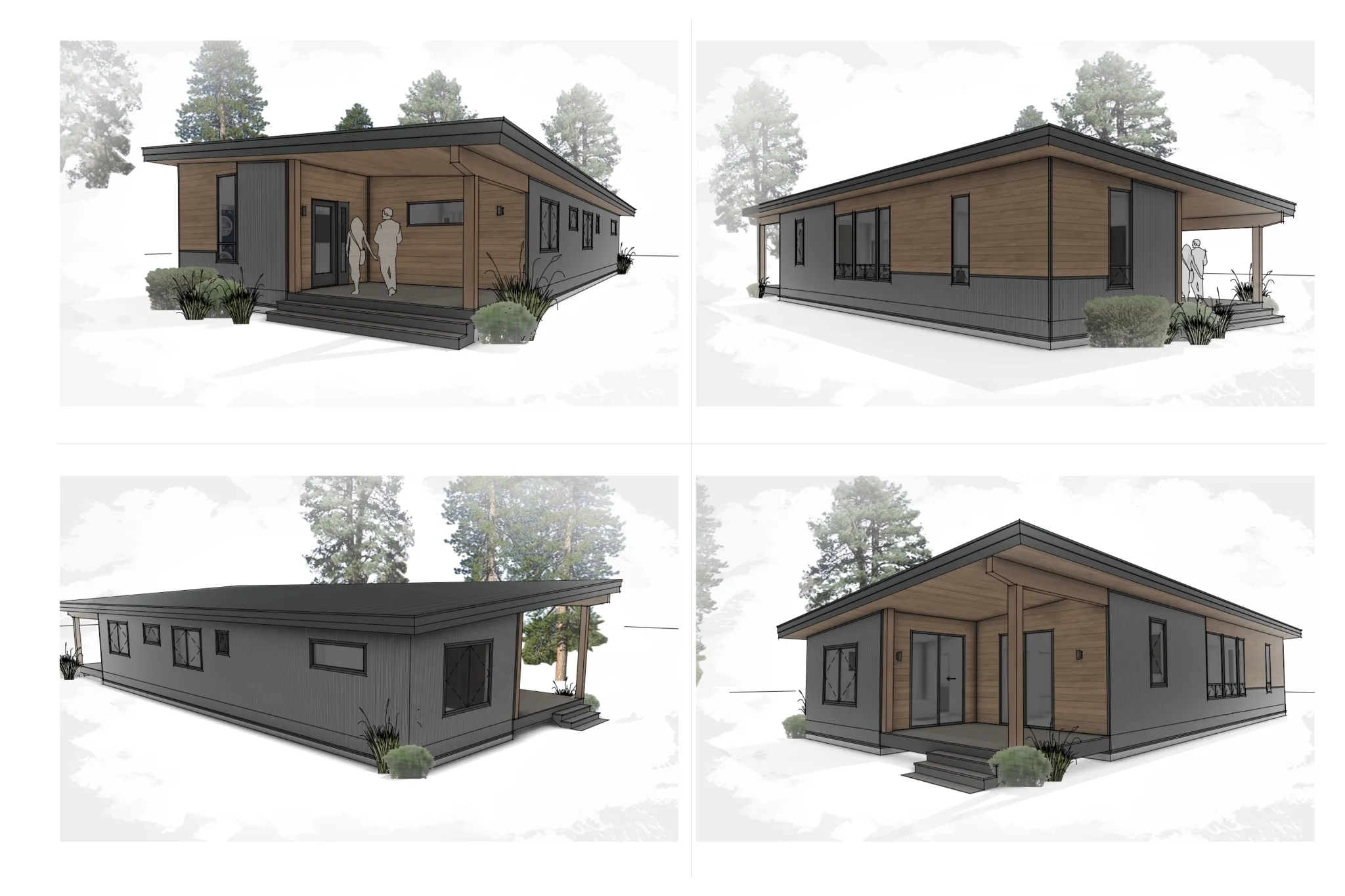 Four exterior elevation views of the Snow Trace design showing warm wood horizontal siding with dark charcoal accents, flat roof with overhang, covered porch, and large windows