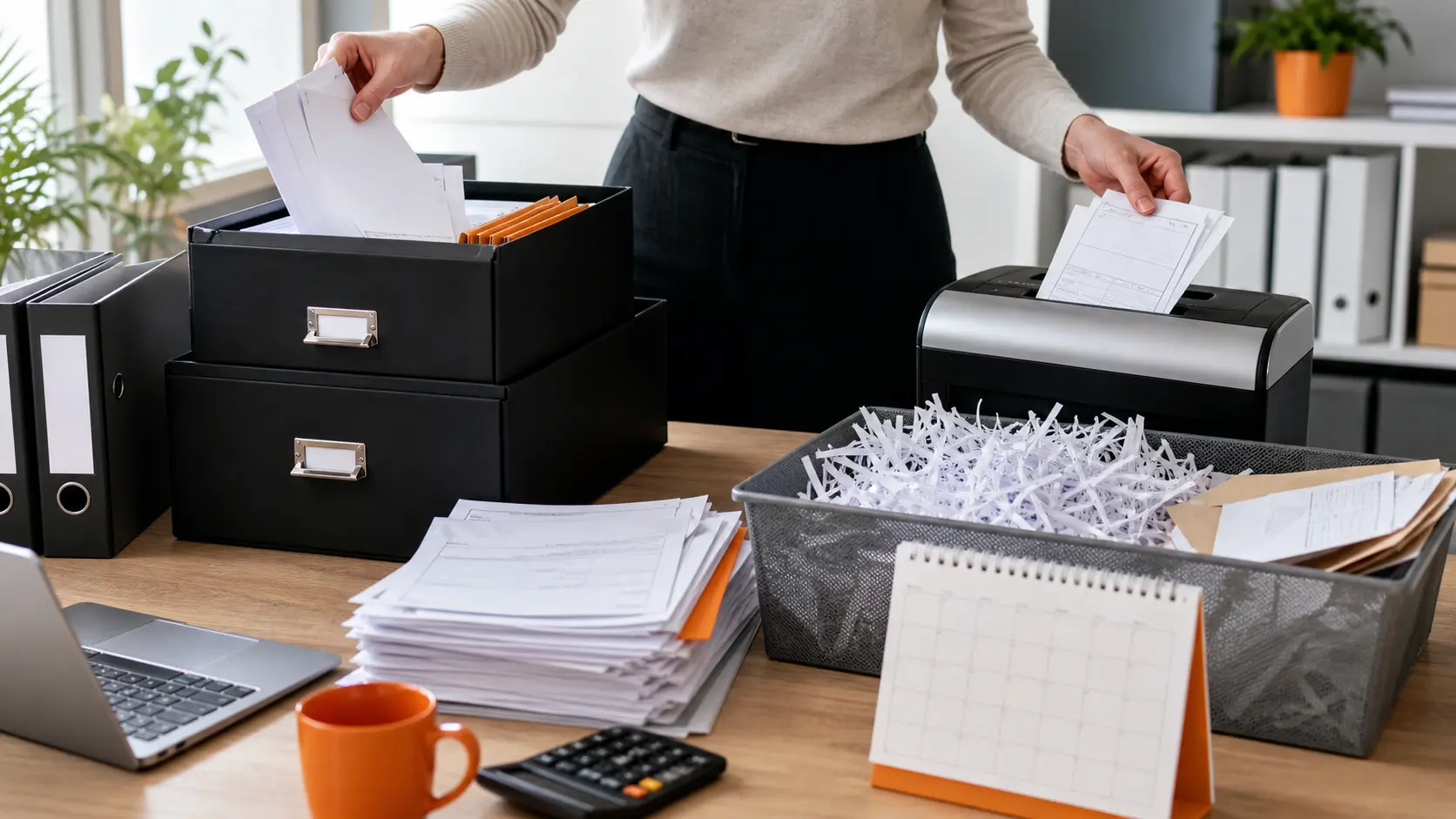 Unternehmer sortiert Buchungsbelege und vernichtet alte Dokumente im Aktenvernichter gemäß Aufbewahrungsfristen 2026 – Schoetz & Partner Beratung