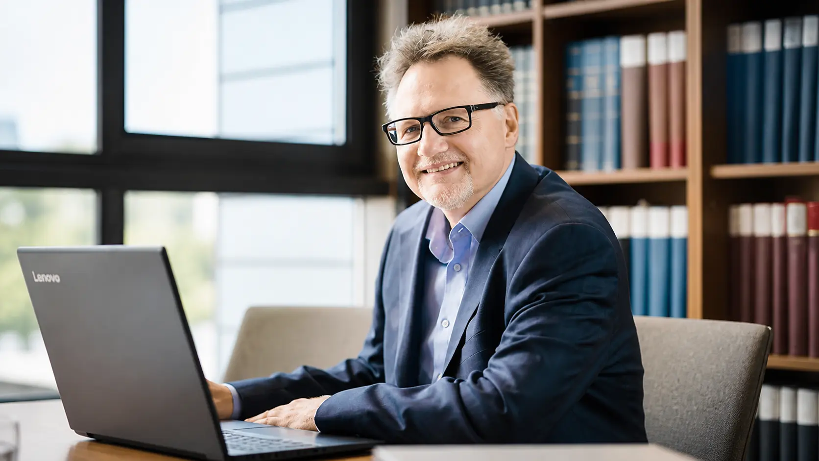 Experte von schoetz-partner am Laptop in modernem Büro mit Bücherregal im Hintergrund