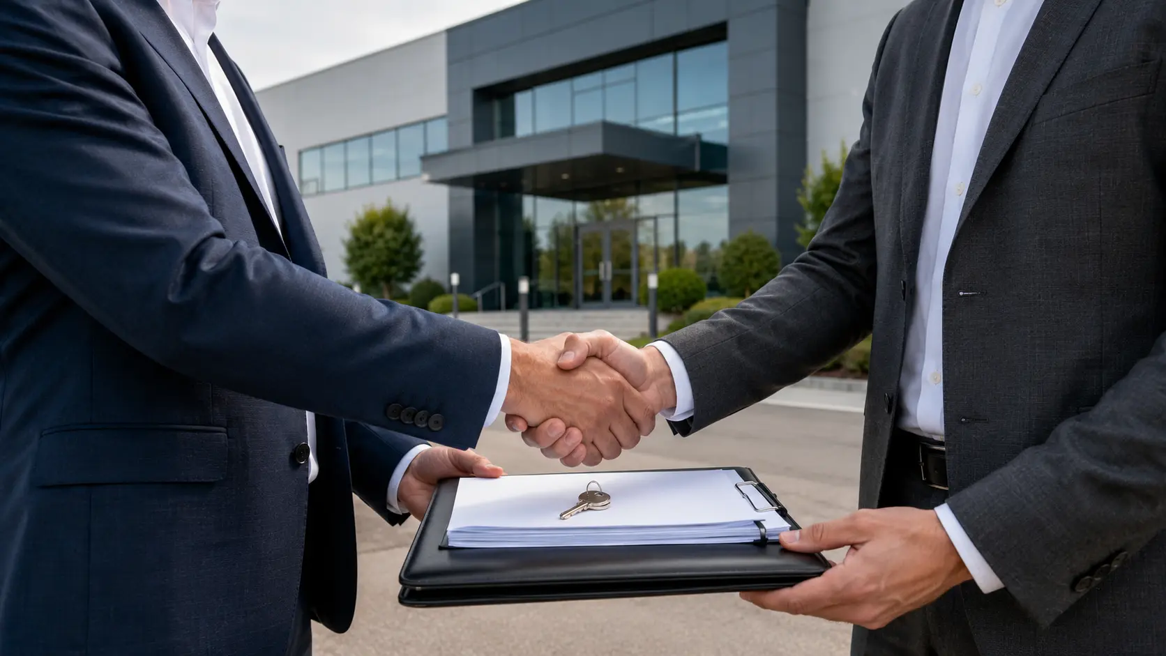 Unternehmensübergabe mit Handschlag vor einem Firmengebäude als Symbol für Verkauf, Bewertung und Due Diligence durch schoetz-partner.