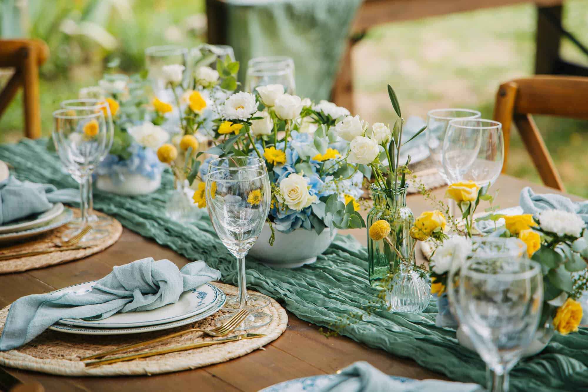 floral set table outside for lunch