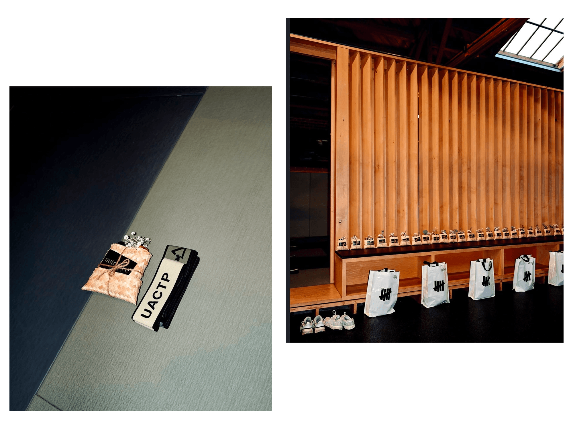 Two-side image: Left side shows a folded martial arts belt labeled UACTP with a small flower bouquet on a mat; right side shows a wooden bench with many trophies lined up and bags with a black logo placed in front.