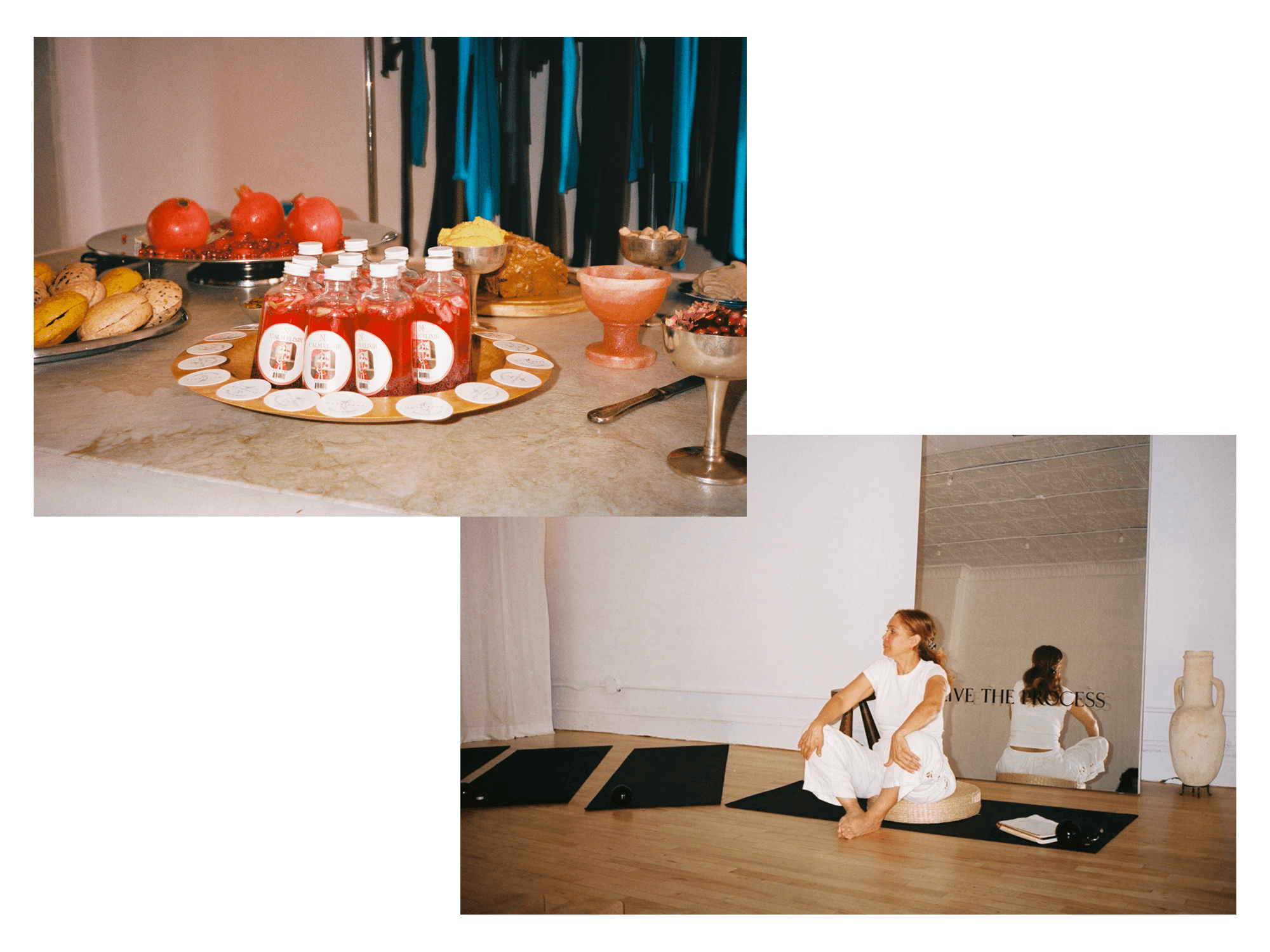 Top image: Bottles of red liquid on a tray surrounded by circular name tags, with plates of fruits and nuts on a table; bottom image: Woman in white sitting cross-legged on a cushion in a yoga studio with mats, a large mirror, and a vase nearby.