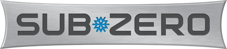 Sub-Zero brand logo with a stylized blue snowflake replacing the letter O on a metallic silver background.