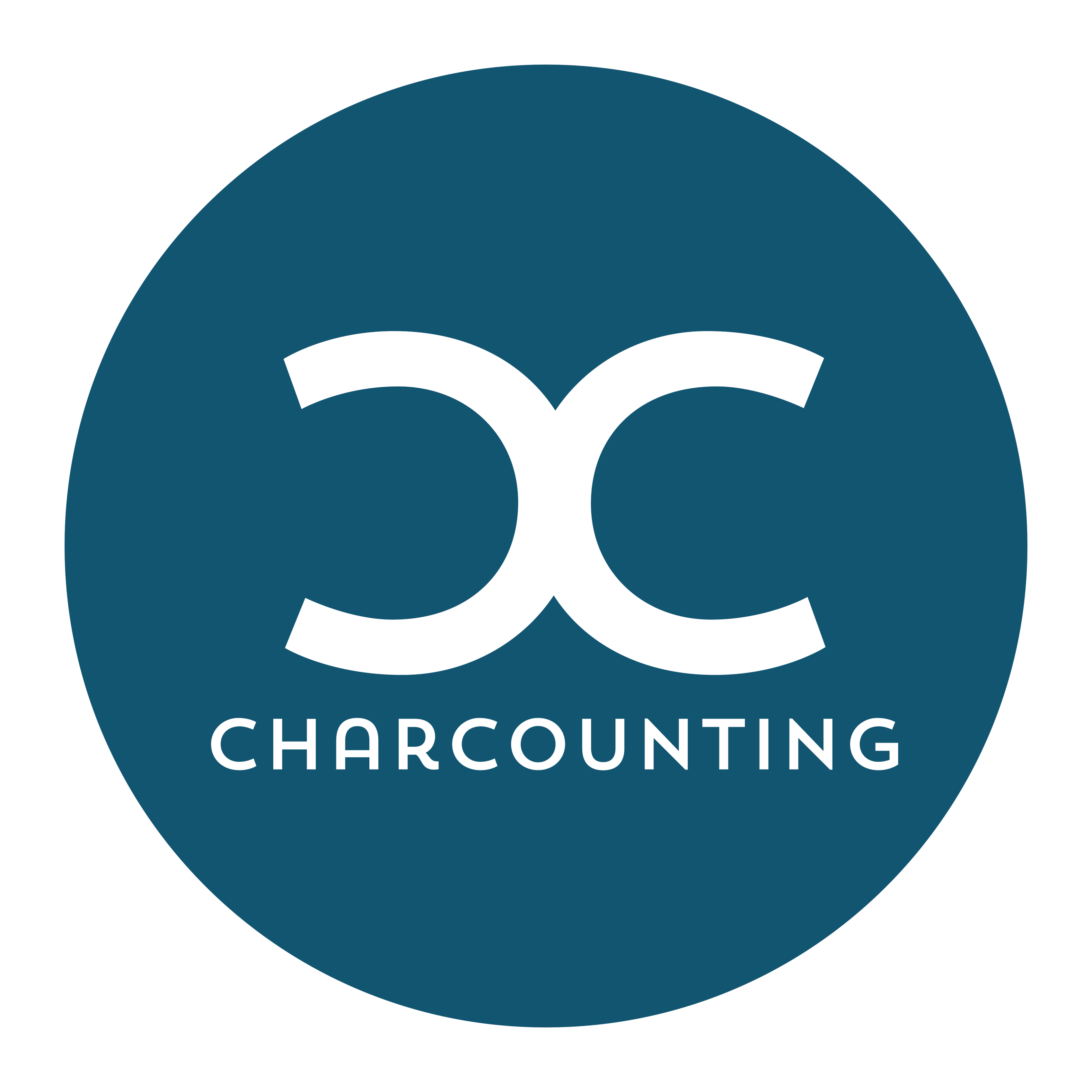 Black stylized 'CC' monogram above the word 'CHARCOUNTING' on a teal circular background.