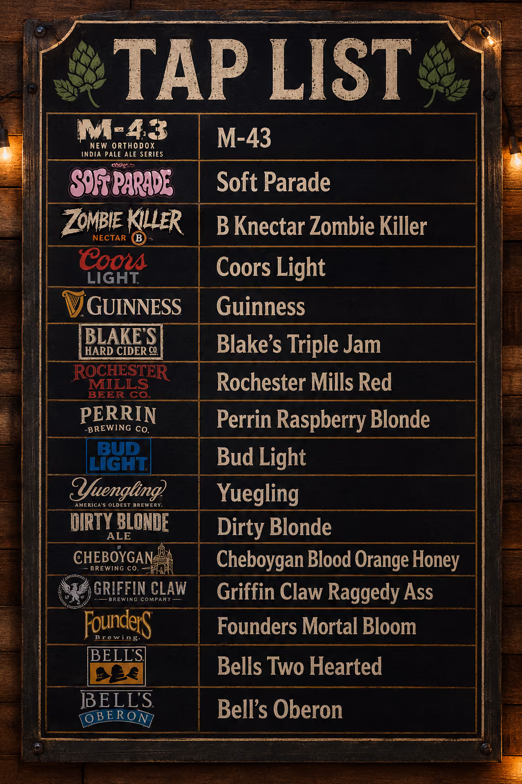 Tap list board showing 14 beers including M-43, Soft Parade, Zombie Killer, Coors Light, Guinness and others.