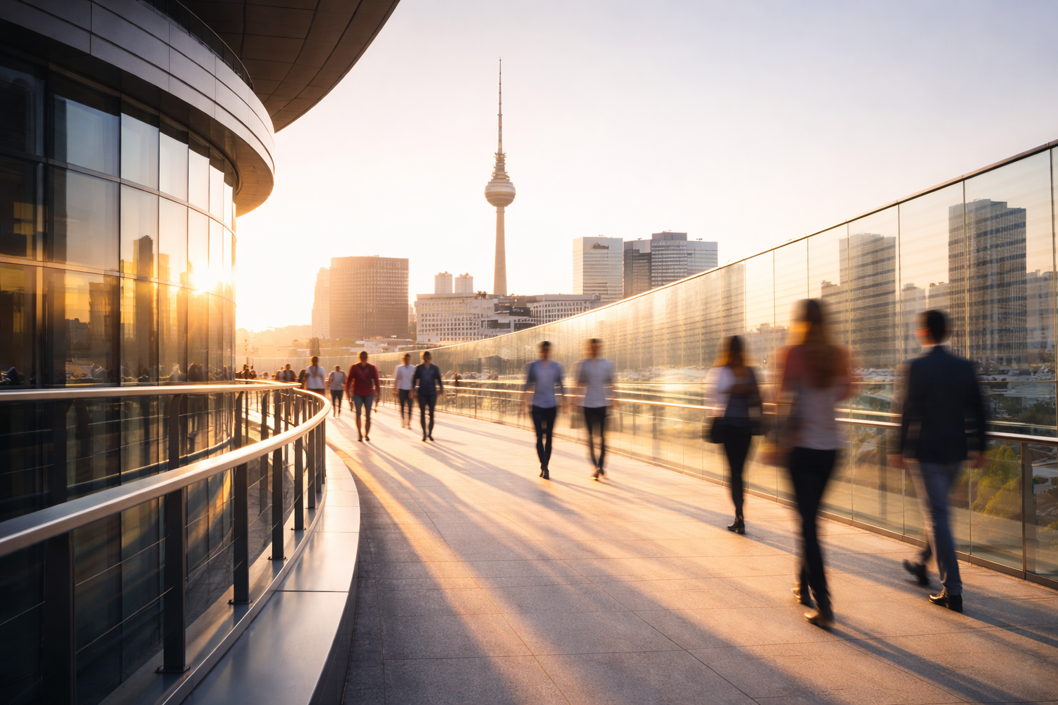 Menschen gehen auf einem Gehweg mit Glasgeländer in einer Stadt bei Sonnenuntergang.