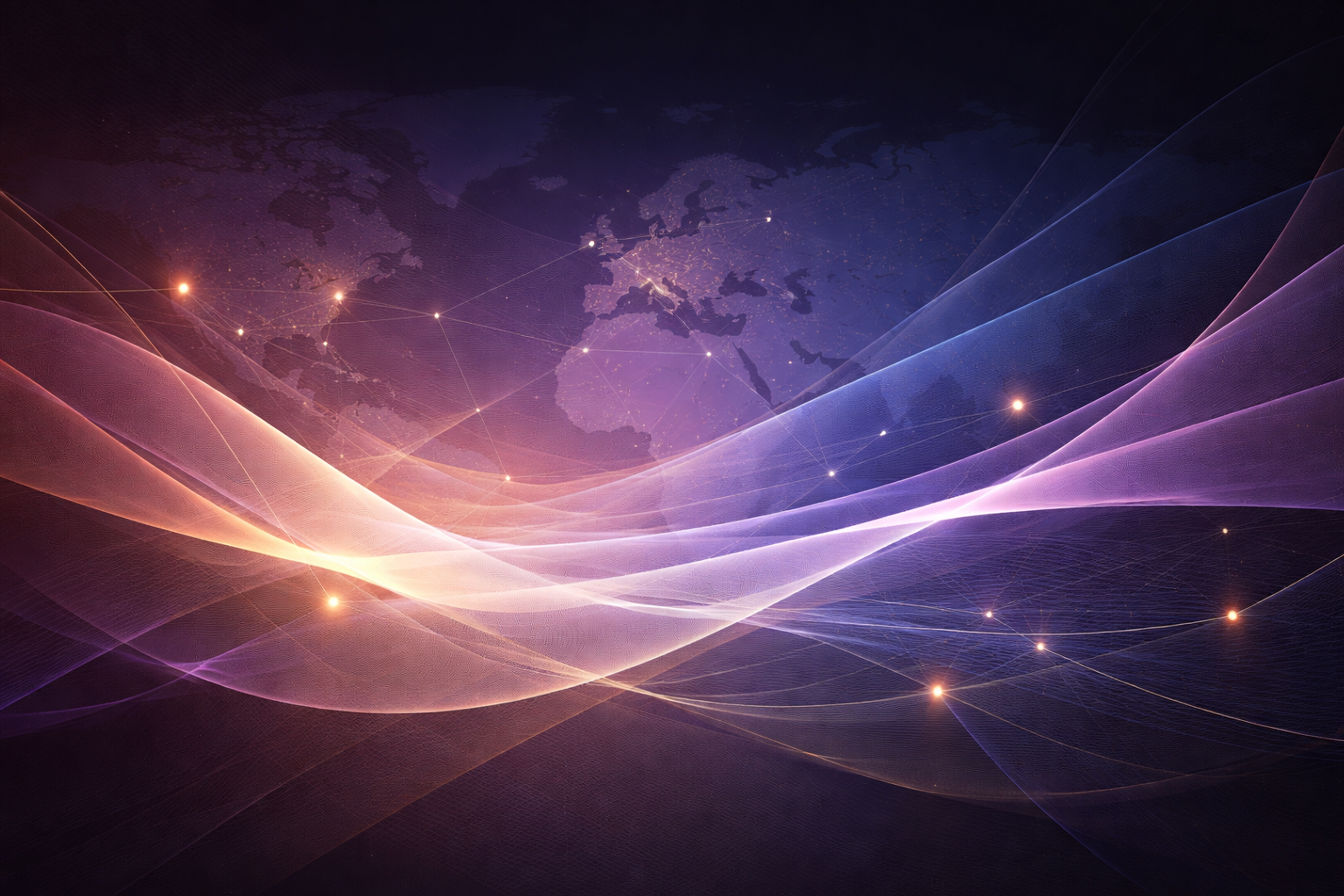 Abstrakte Weltkarte mit leuchtenden Verbindungspunkten und wellenförmigen, farbigen Lichtlinien.