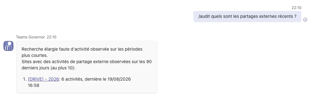 Question posée à la commande /audit et réponse de l'assistant Teams Governor dans Teams