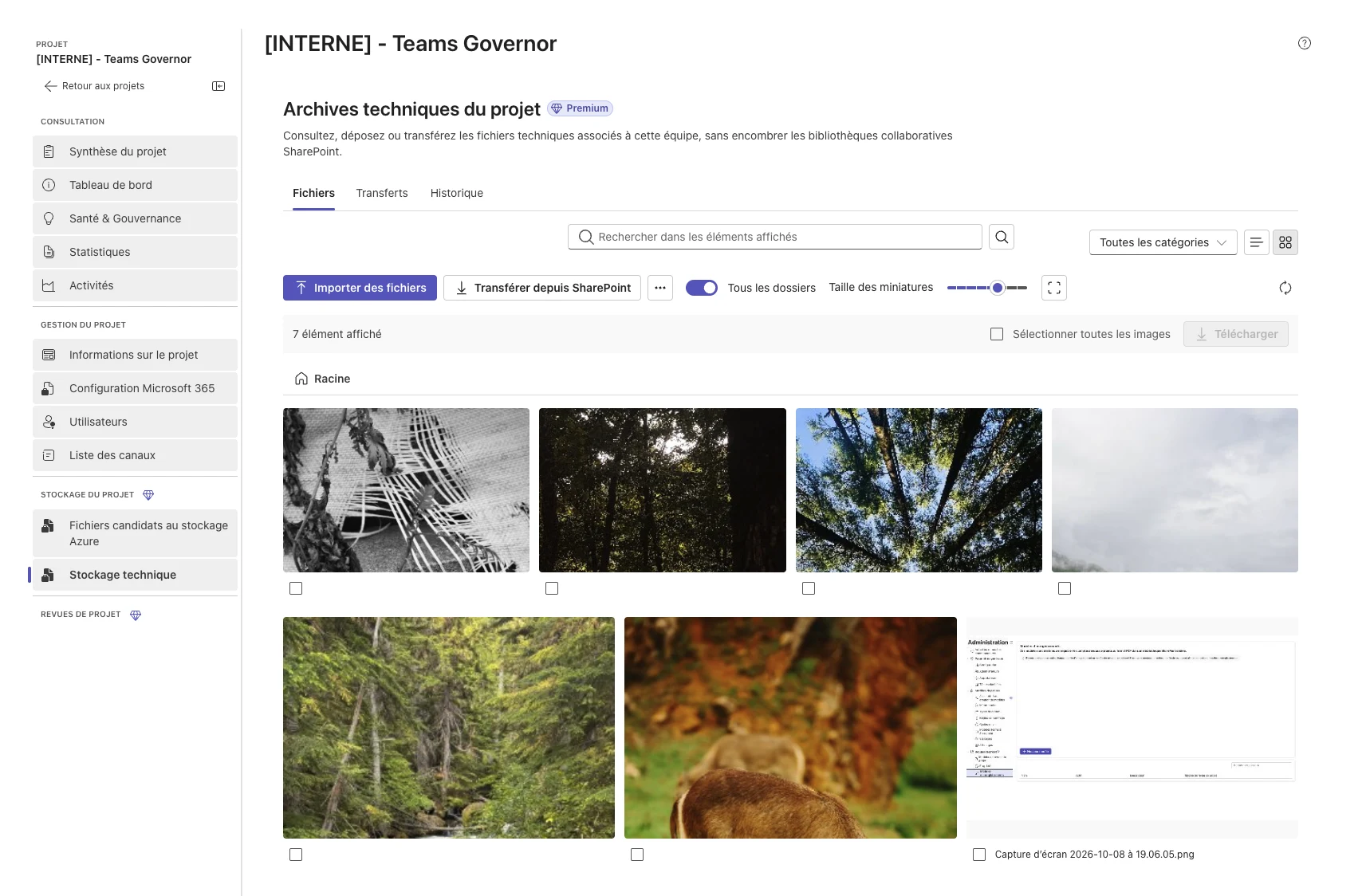 Photothèque du stockage technique dans Teams : vignettes d'images, import de fichiers, transfert depuis SharePoint et sélection pour téléchargement