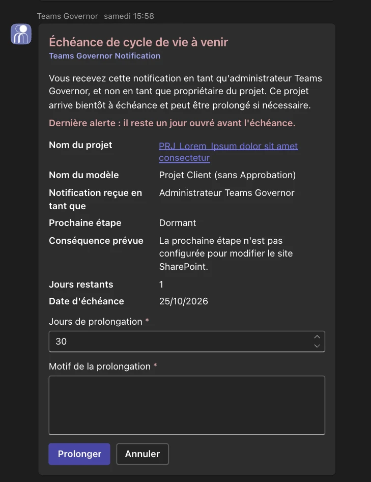 Carte Teams d’alerte d’échéance du cycle de vie : jours restants, prochaine étape et prolongation avec motif