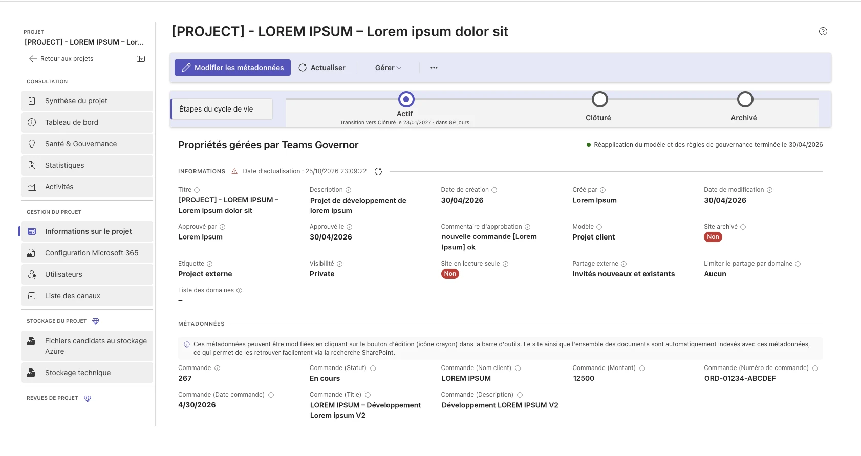 Fiche d’un projet dans Teams Governor : propriétés gérées, paramètres de partage et métadonnées métier de la commande