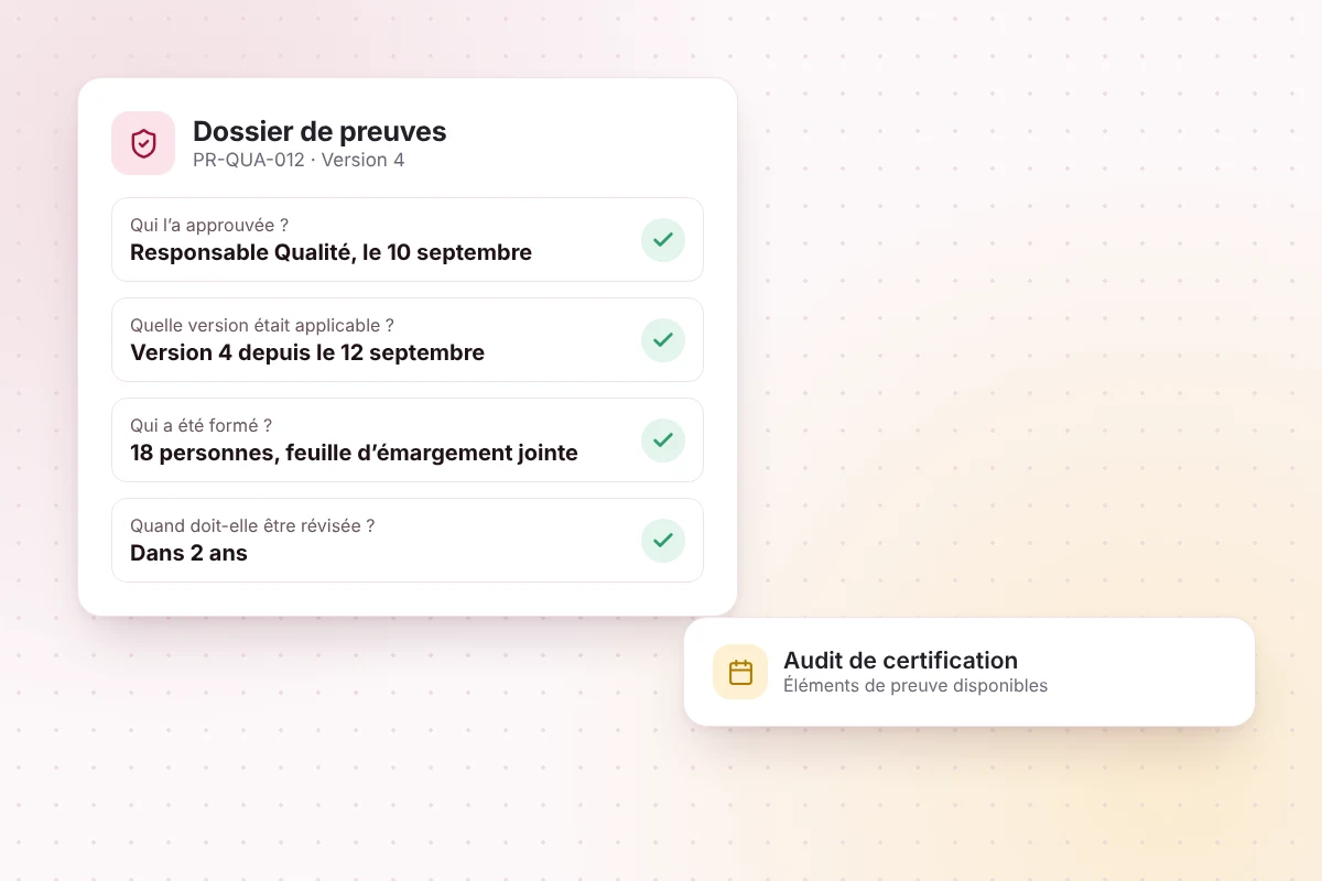 Dossier de preuves d’un document : approbation, version applicable, personnes formées et prochaine révision
