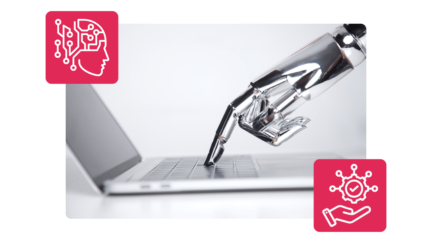 Mano robótica utilizando un computador portátil, acompañada de iconos de inteligencia artificial y control de procesos