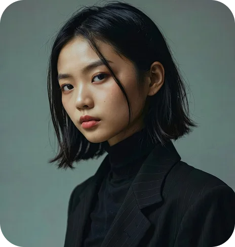 Portrait of a young woman with short black hair wearing a black pinstriped blazer and turtleneck, looking thoughtfully at the camera.