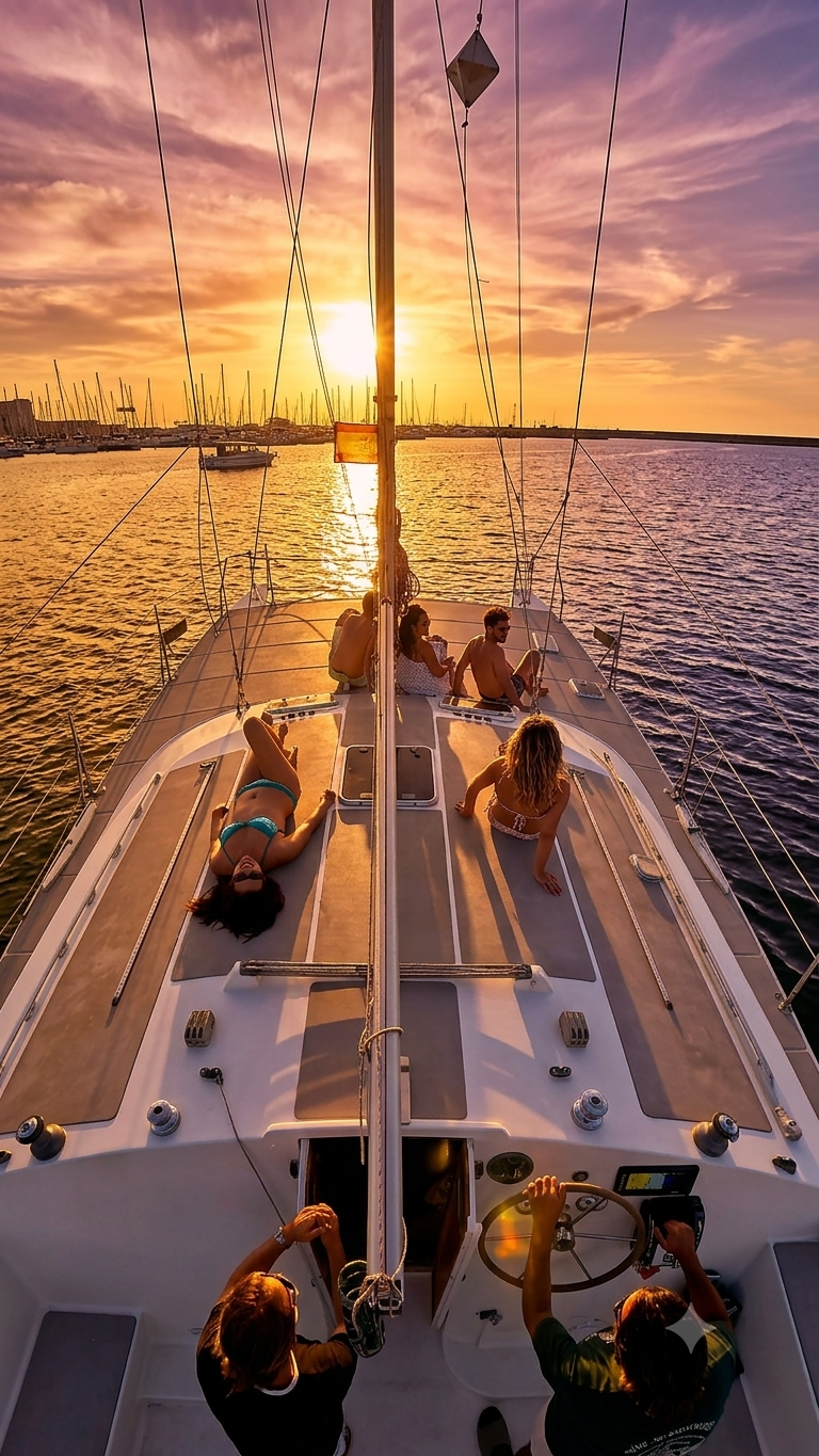 People enjoying the sunset in a catamaran in Torrevieja.