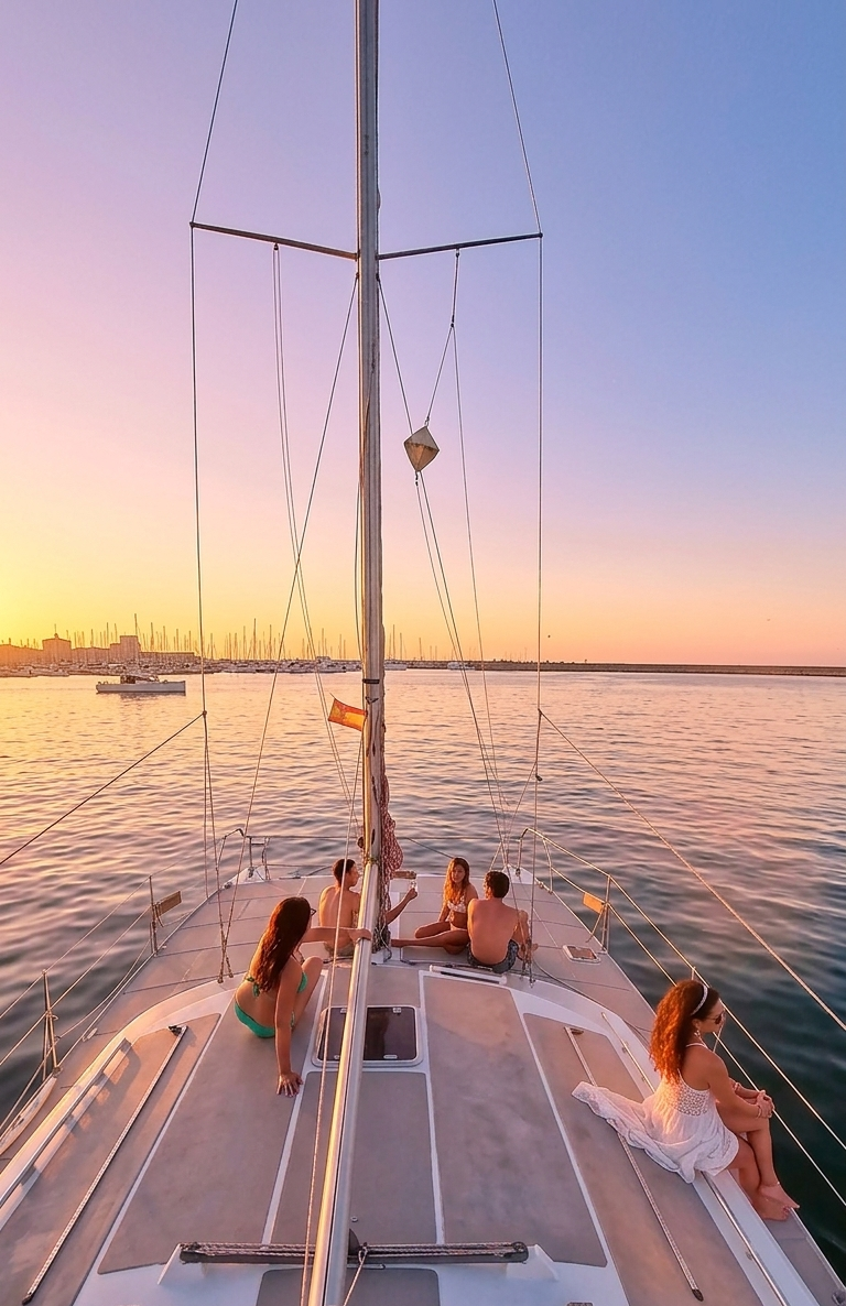 People enjoying in the sunrise in a catamaran in Torrevieja.