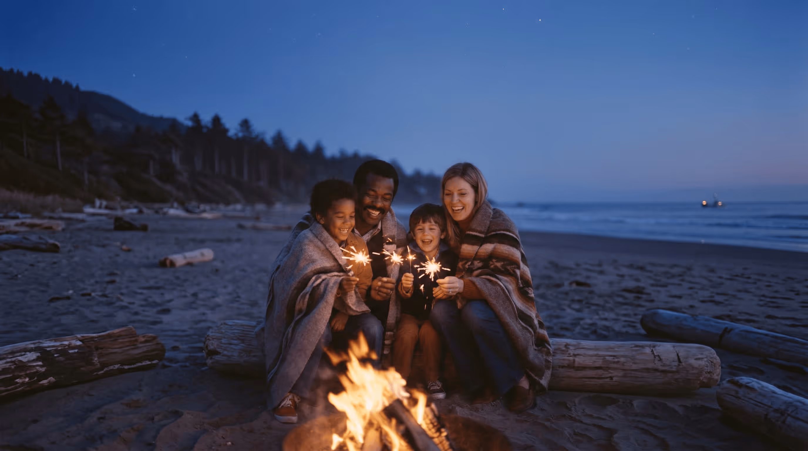 Family of four wrapped in blankets sitting on logs at a beach bonfire holding sparklers at dusk.