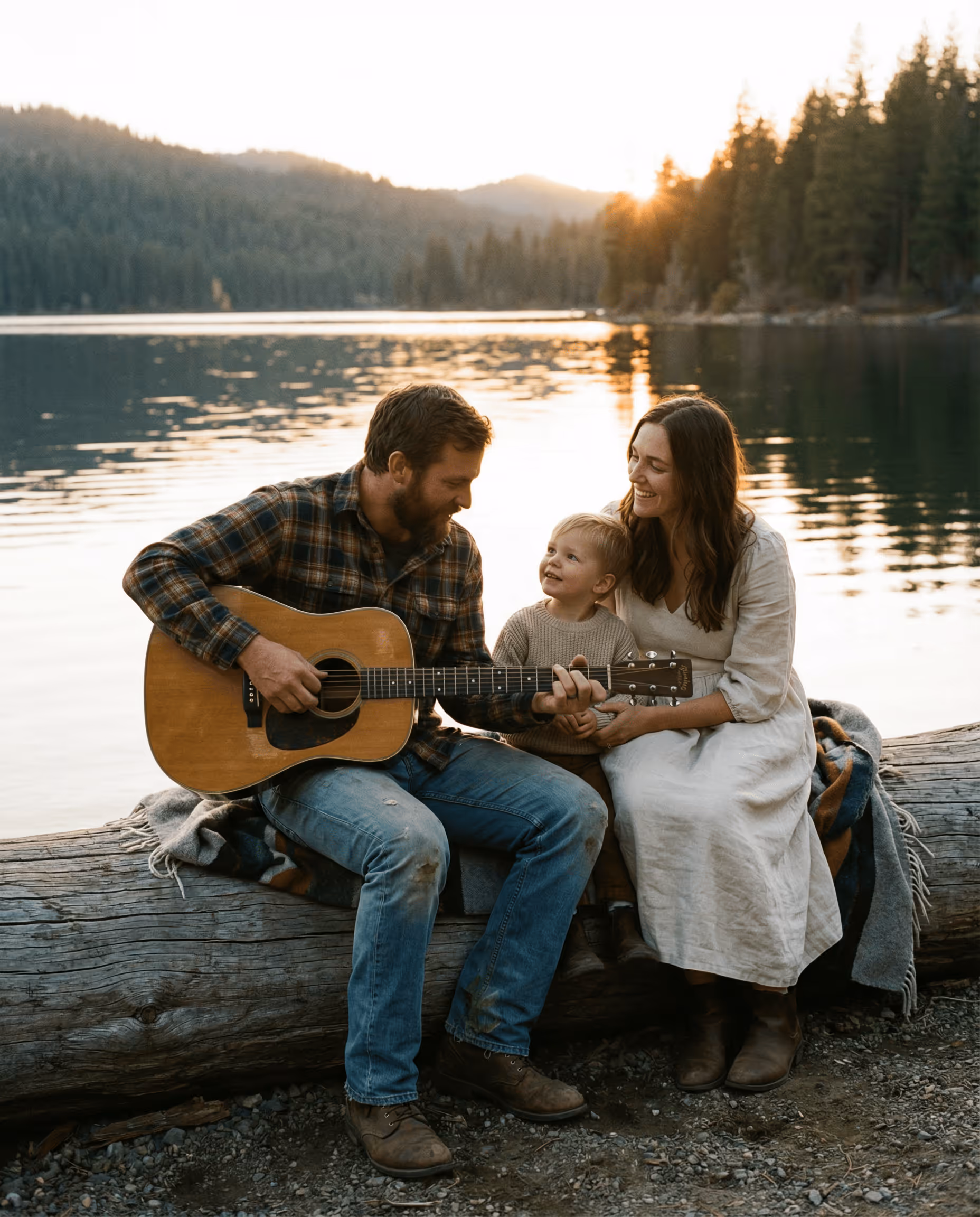 Family sitting on a log by a lake at sunset, father playing guitar, mother and child smiling.