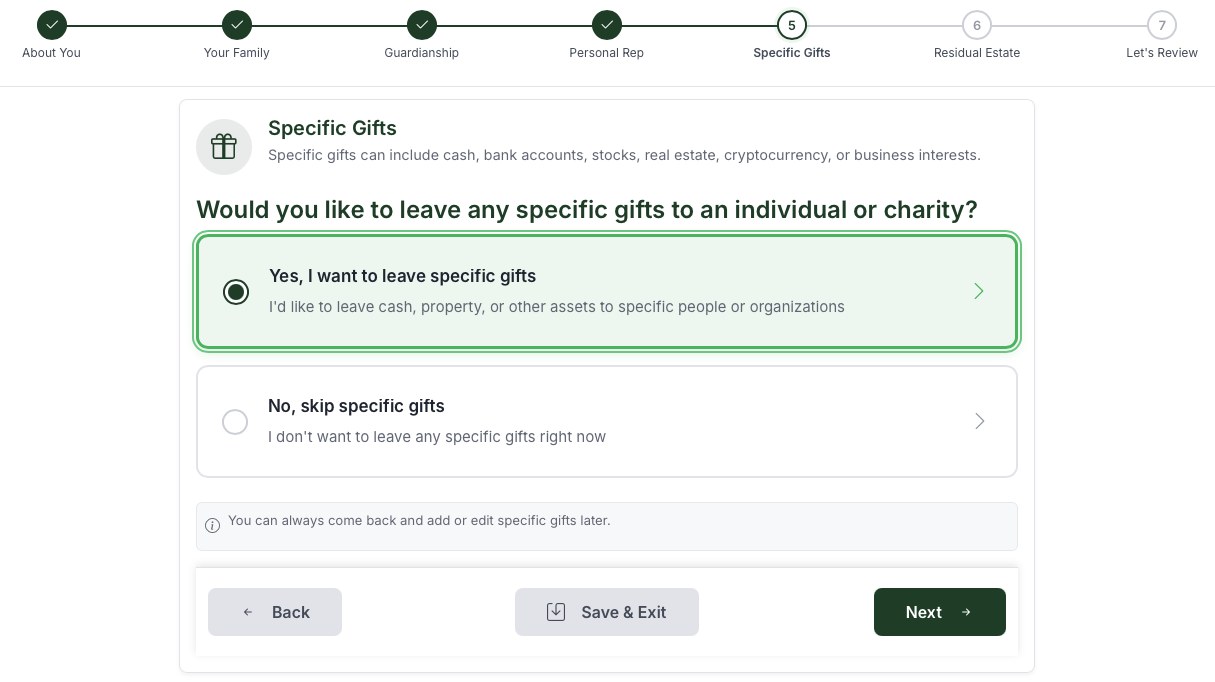 A Steward will question asking whether to leave specific gifts, with simple yes or no choices