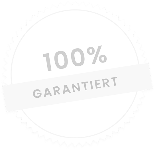 White circular badge with zigzag edges displaying '100%' and a diagonal banner with the word 'GARANTIERT'.