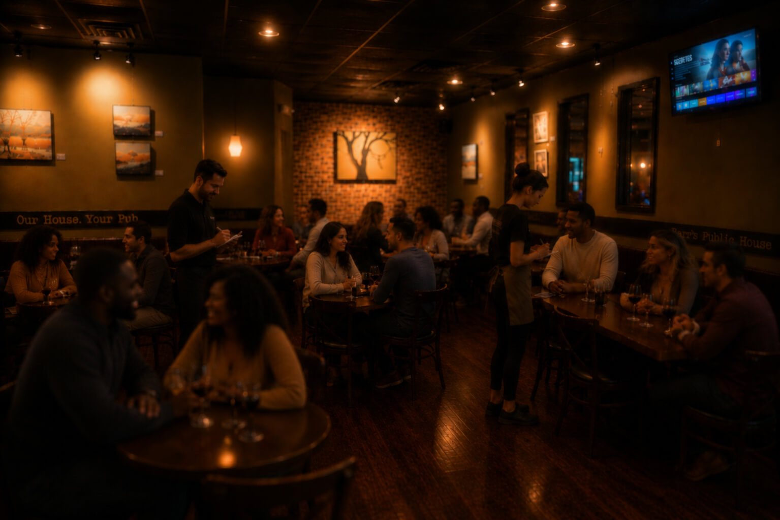 Relaxed lounge area in gastropub with low-top tables, bench seating, chairs, near patio, comfortable intimate atmosphere, warm lighting