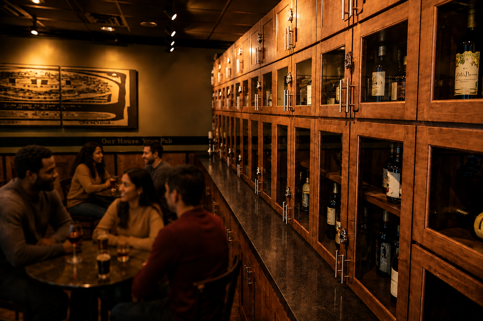 Private meeting room in upscale pub with projector screen, sliding doors, intimate seating, dark elegant interior, moody lighting