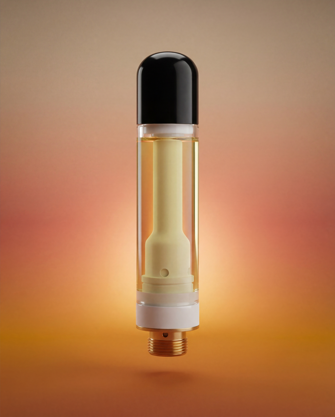 Transparent cartridge with yellow component inside, gold screw base, white ring, and black cap, against orange gradient background.
