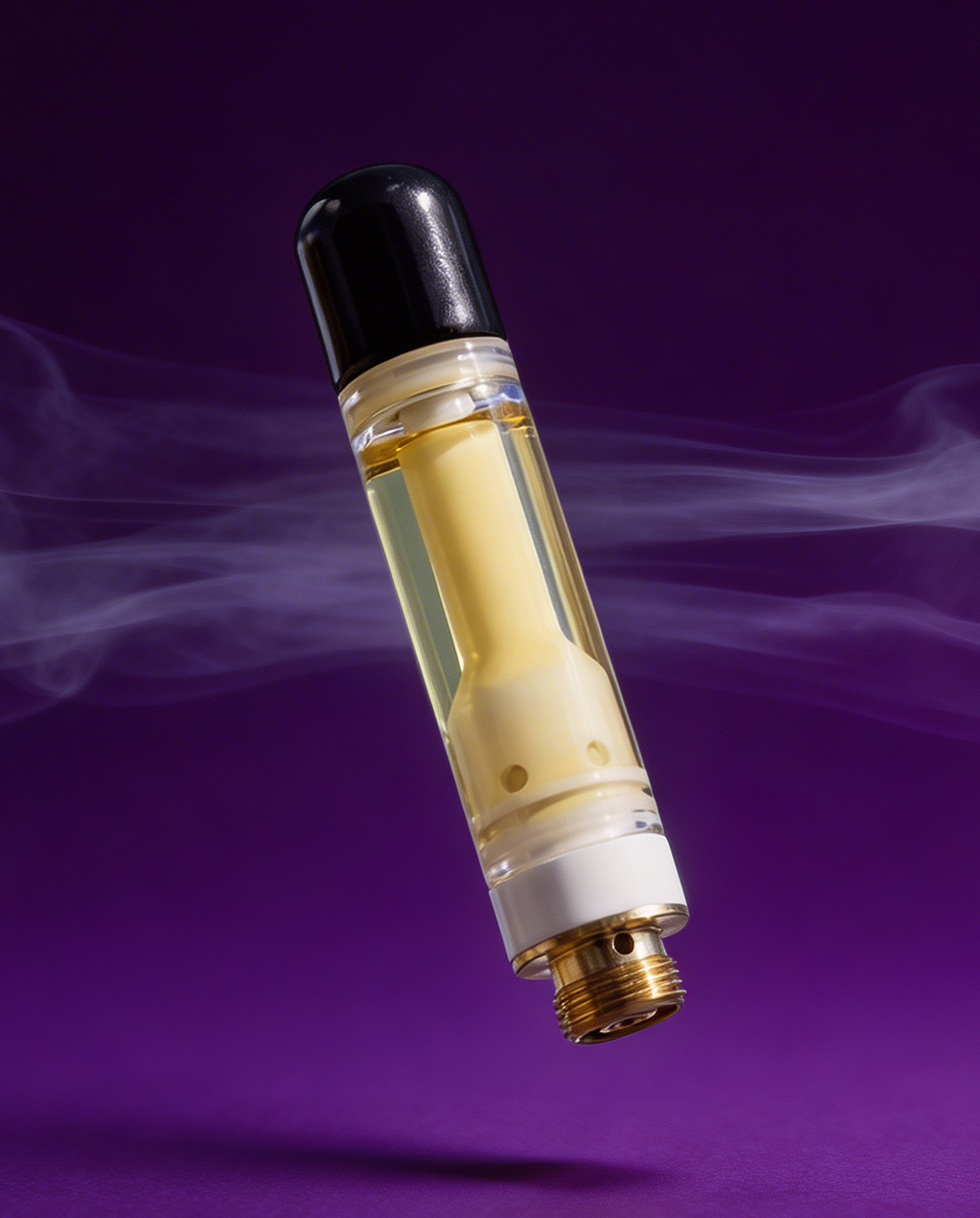 Close-up of a vape cartridge filled with golden liquid against a purple background with wisps of smoke.