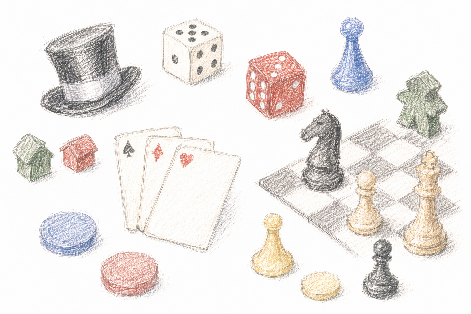 Colored-pencil illustration of board game pieces: a top hat, dice, playing cards, poker chips, a chess set, and Monopoly houses